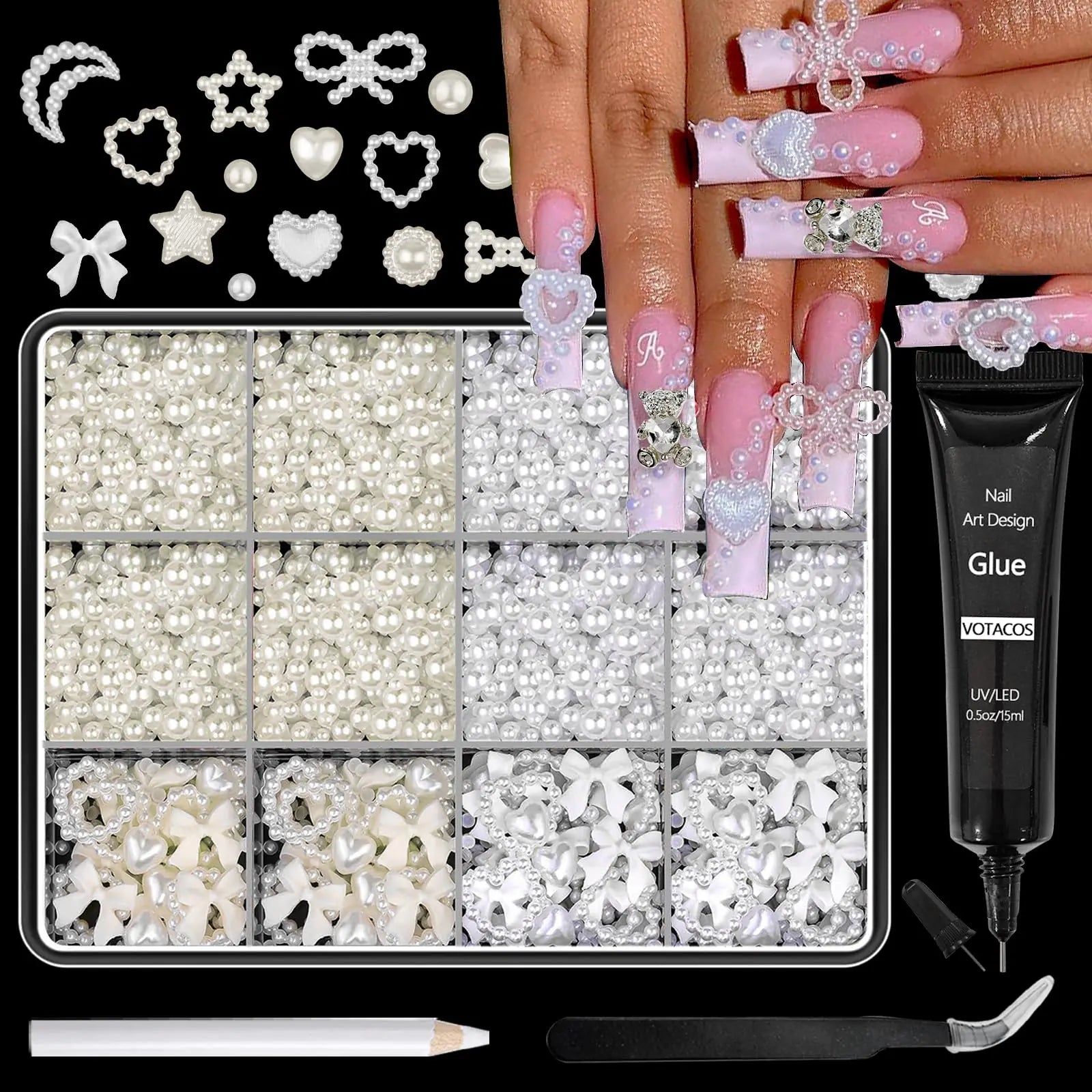 VOTACOS Flatback Nail Art Pearls 3D Heart Bow Nail Charms with Nail Rhinestones Glue Gel Cream White Nail Gems Supplies 2-6mm Mixed Sizes Nail Pearls for Women Acrylic Nail Tips Manicure Decor