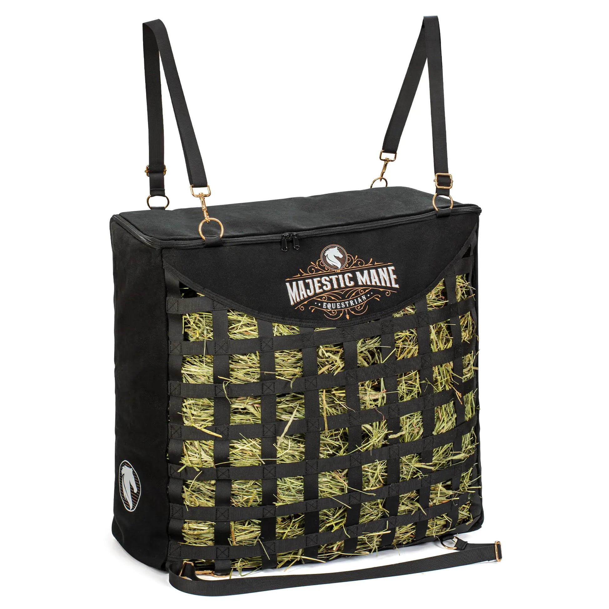 The MajesticMane Slow Feeder Hay Bags for Horses or Goats - Premium Dual-Sided Hay Bag with Zippered Top and Slow Feed Hay Nets with 2" Holes | Fits 2-3 Flakes | Reduces Hay Waste | Heavy Duty Canvas