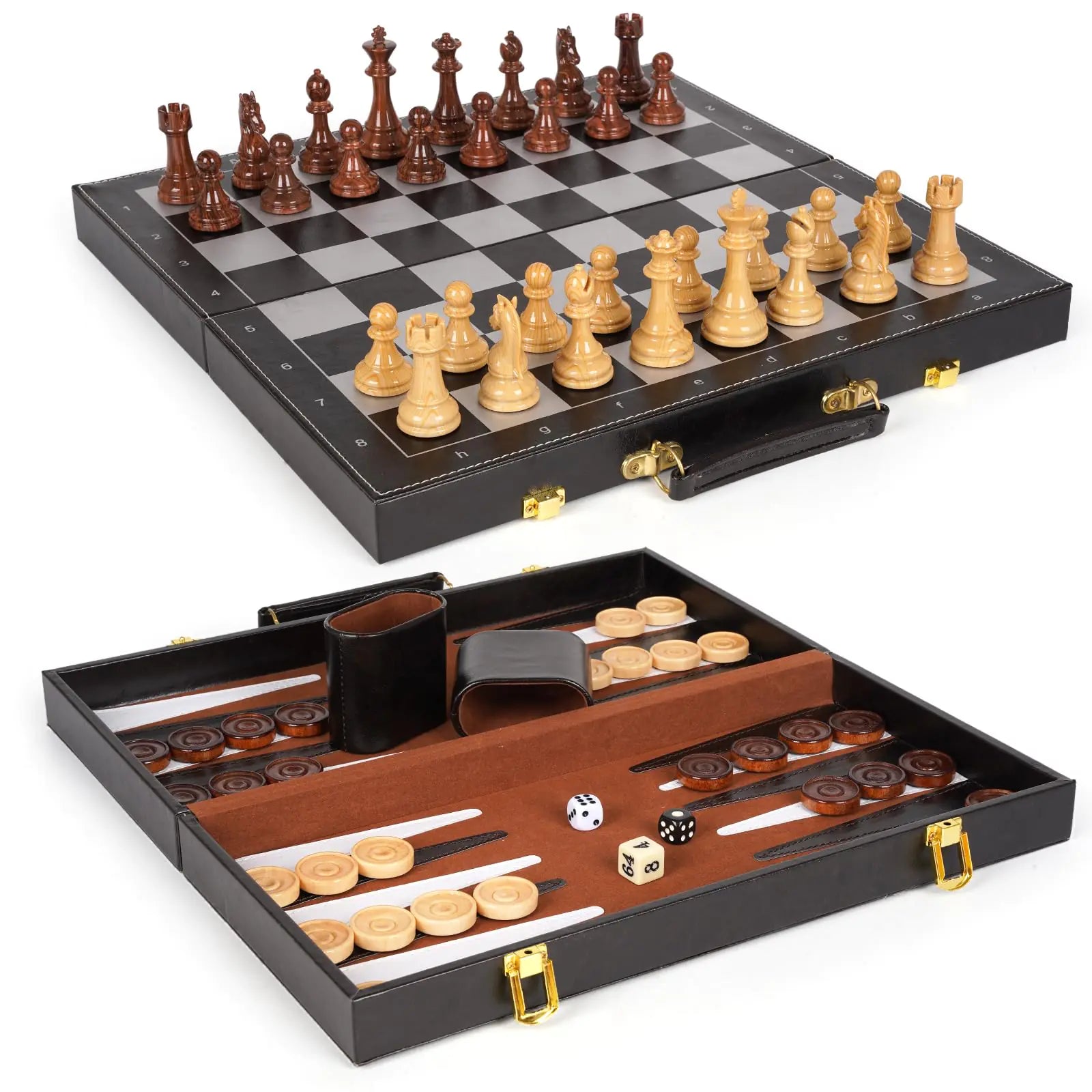 Chess Checkers Backgammon Set 3-in-1 Board Games Sets for Kids & Adults,15" Folding Magnetic Chess Set Leather Chess Board Strategy Game Portable Travel Chess Game with Magnetic Chess Pieces