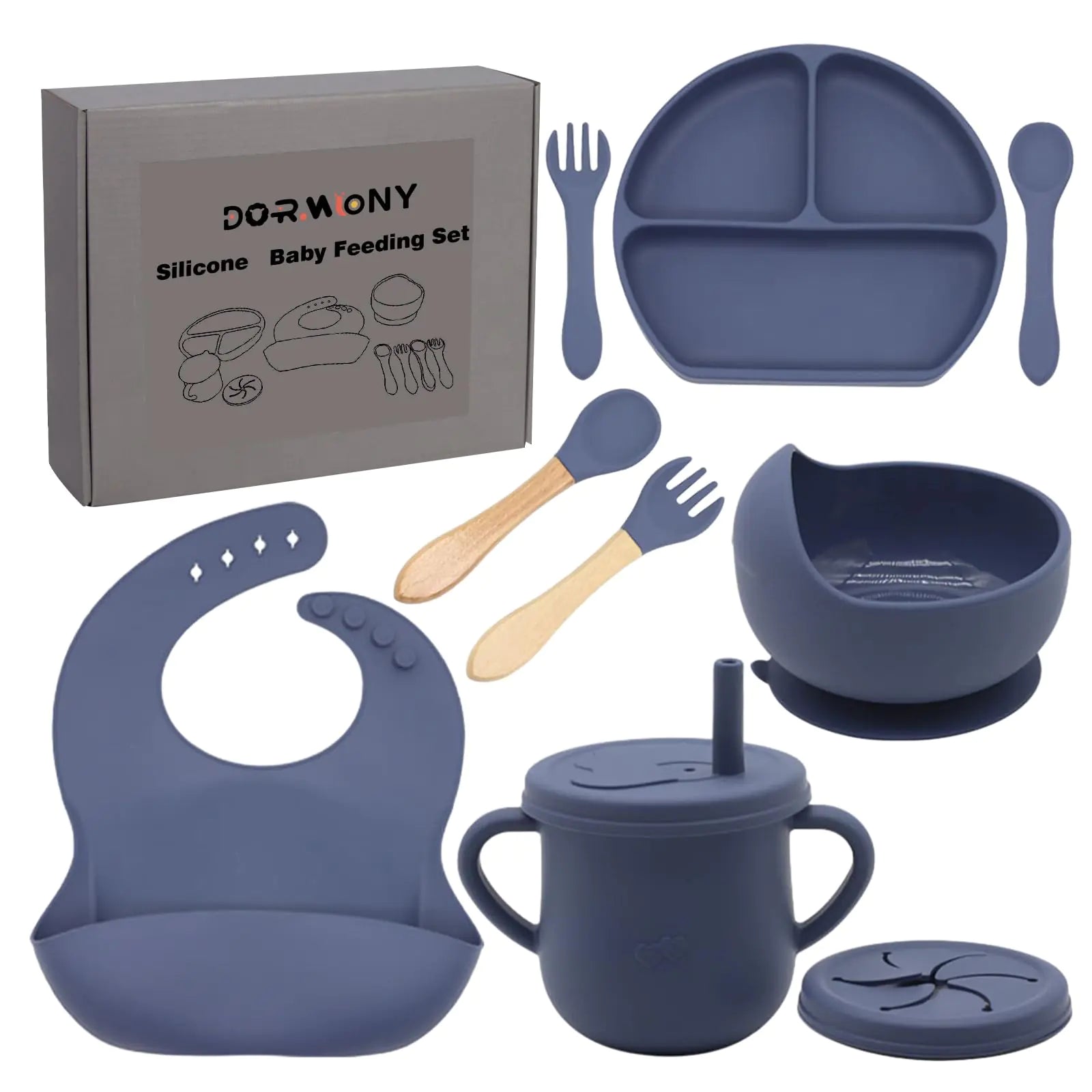 Dormlony 100% Silicone Baby Feeding SetBPA Free Baby Dishes Set with Suction Bowl Divided PlateToddler Self Feeding Dish Set with Spoons Forks Sippy Cup and Bib Baby Eating Utensils (Navy Blue)