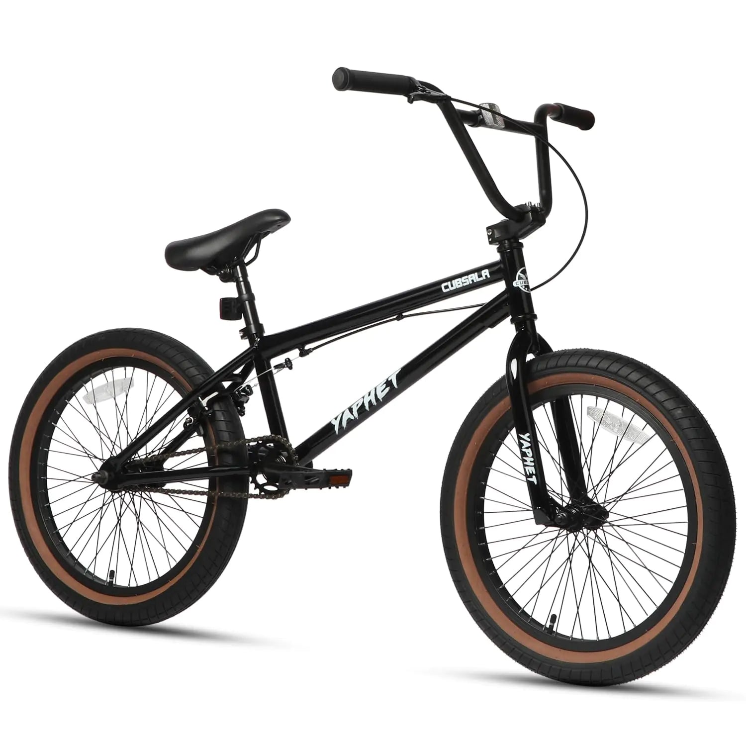 cubsala Freestyle BMX Bike 20 Inch Yaphet Bicycle for Teen Beginner and Adult Riders Bike with Hi-Ten Steel Frame Black with Brown Tires