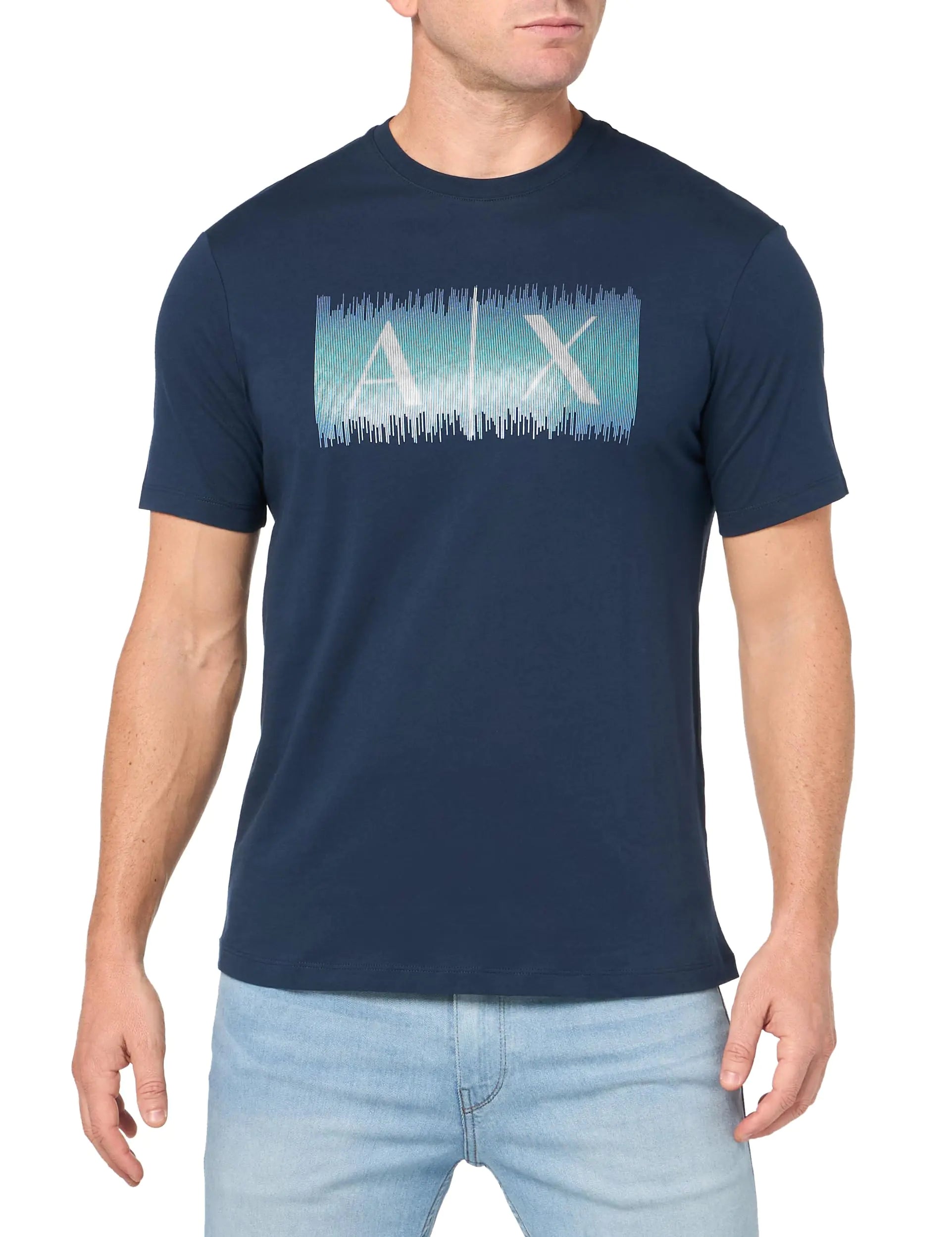 A | X ARMANI EXCHANGE Mens Regular Fit Cotton Colored Lines Box Logo Tee Navy Blazer