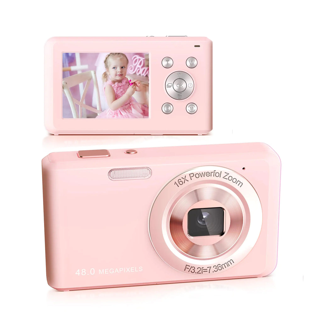 SLRNQJA Digital Camera FHD 1080P Compact Camera with 32GB Card，48MP Camera 2.4 LCD 16X Digital Zoom for Kid Student Children Teen Girl Boy(Pink)