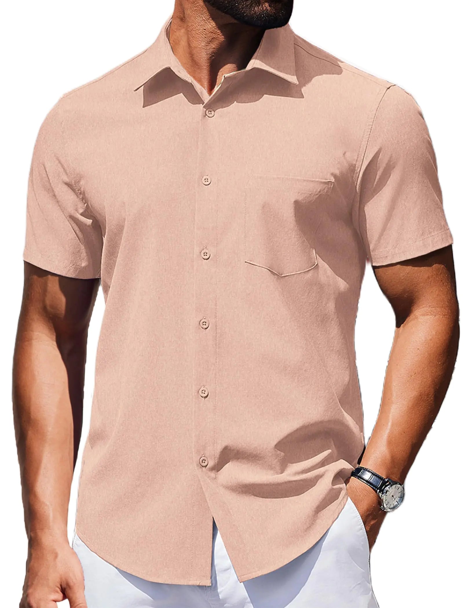 COOFANDY Mens Casual Wrinkle Free Shirts Untucked Short Sleeve Button Down Summer Light Weight Collared Dress Shirt Peach Pink XL