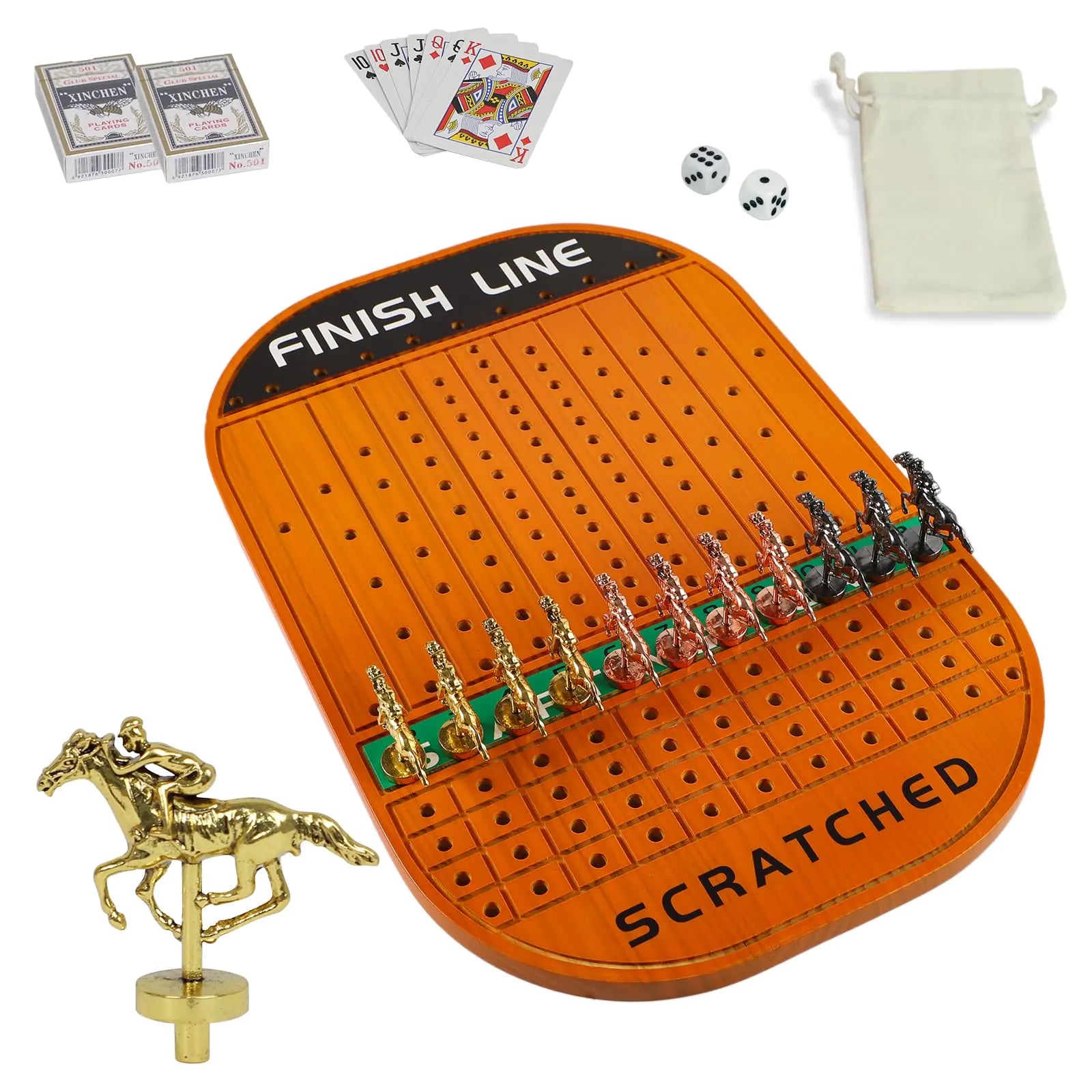 HOROW Horse Racing Board Game Solid Wood Horse Race Card and Dice Board Game Luxury Edition Set with 11 Metal Horses 2 Dices and 2 Boxes of Cards（OvalRed Peach）…