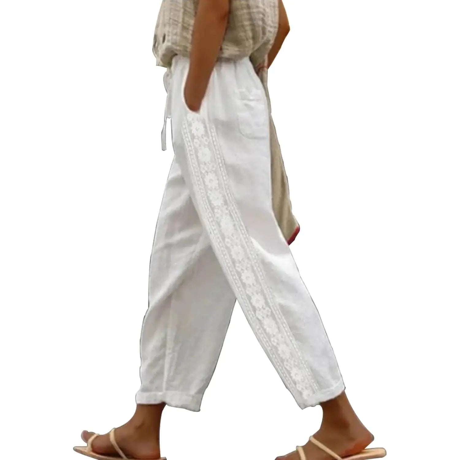 Size S White Lace Womens Linen Pants with Pockets High Waist Comfy White Gauze Pants for Women Casual Summer Lightweight Loose Embroider Oceanside Trousers Tapered Ninth Pants