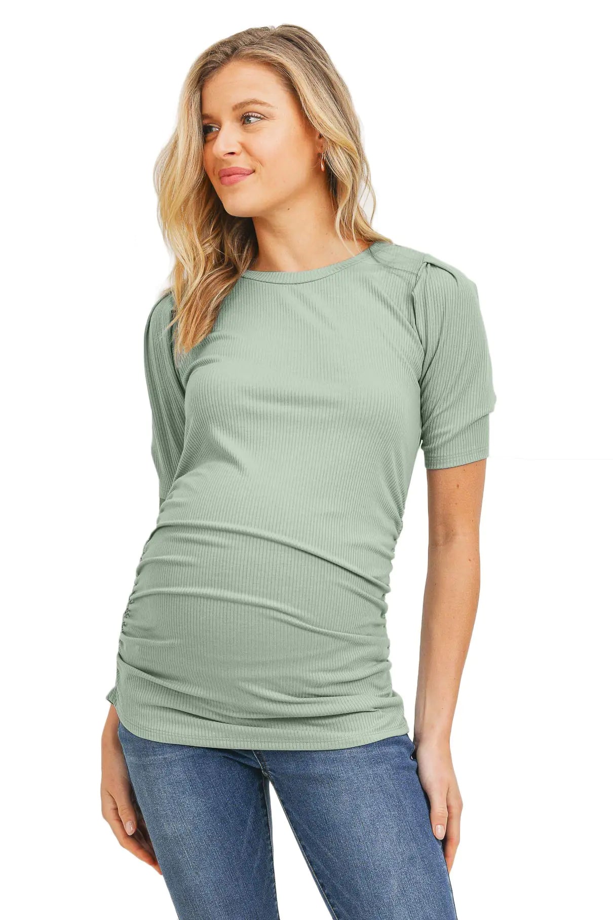 LaClef Womens Maternity Puff Sleeve Ribbed T-Shirt Top (Sage X-Large)