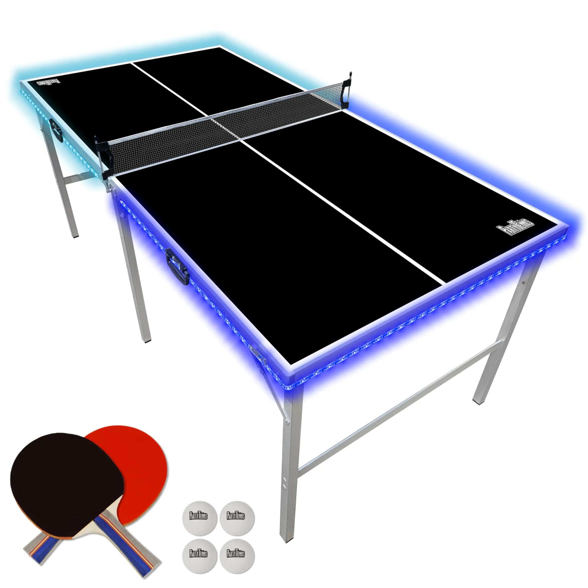 PartyTennis Mid-Size Table Tennis Table w/LED Lights Net Paddles & Pong Balls | Portable Folding Indoor/Outdoor Table Tennis Table - Black Edition