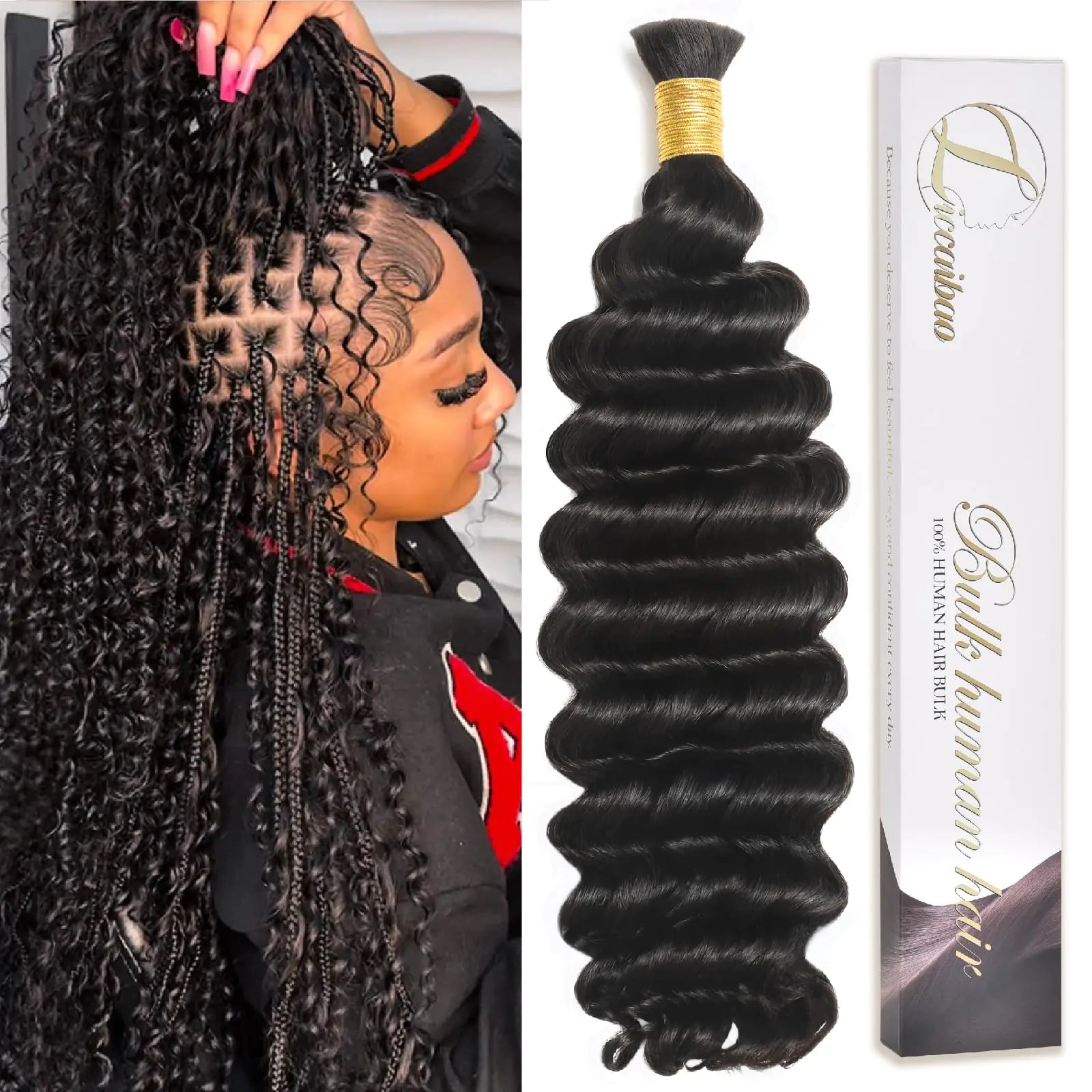Liccaibao Deep Wave Bulk 100g 24 Inch Natural 100% Human Hair Braiding Hair Unprocessed No Weft 10A Brazilian Virgin Hair for Curly Human Hair Extensions Boho Braids Wet and Wavy Human Braiding Hair