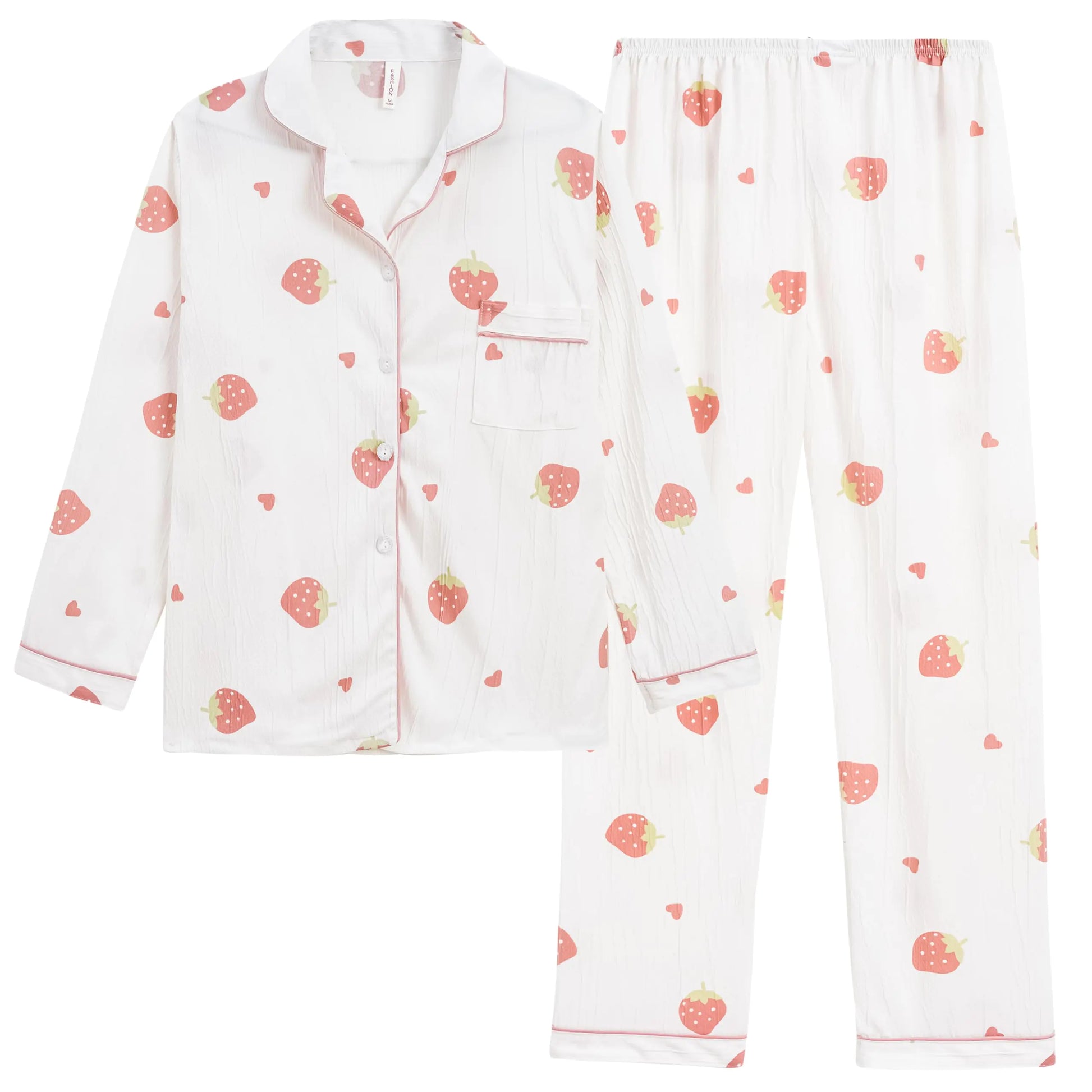 Vopmocld Big Girls Button Down Pajama Sets Crepe Soft Lapel Shirt Sleepwear Printed Lounge Sets Long Sleeve Long Pants Winter Nighty Long-Strawberry 8