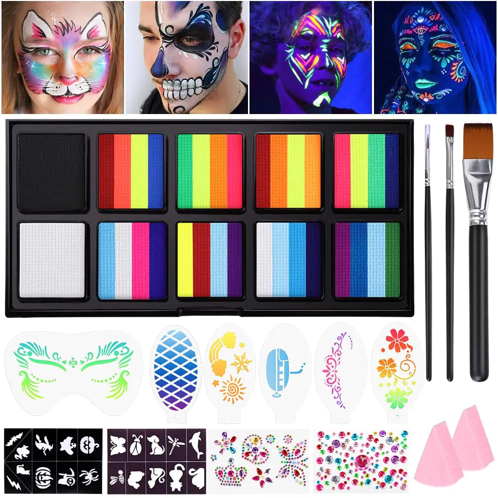 Janolia Face Painting Kit for Kids Rainbow Face Paint Kit UV Fluorescent Split Cake Face Paint Water Activated Face Paint Body Paint Ideal Facepaint Makeup Kit for Kids Halloween Carnival Easter