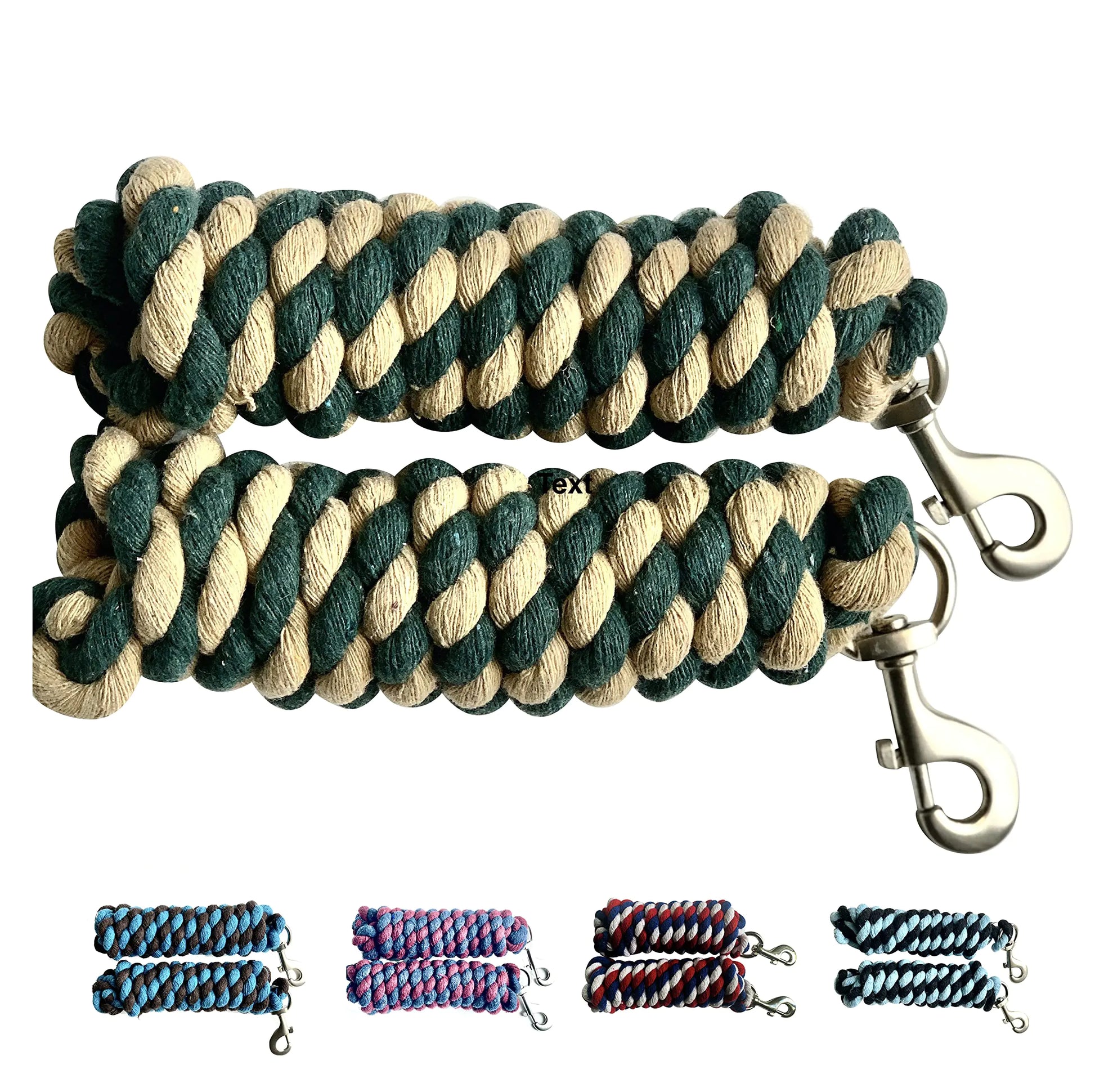 Majestic Ally Pack of 2 Solid Cotton Lead Rope for Horses & Livestock – 10 Foot Long and 5/8 inch Thick - Replaceable Heavy-Duty Satin Bolt Snap – Handmade – Soft Broken in Feel (Hunter Green -Tan)
