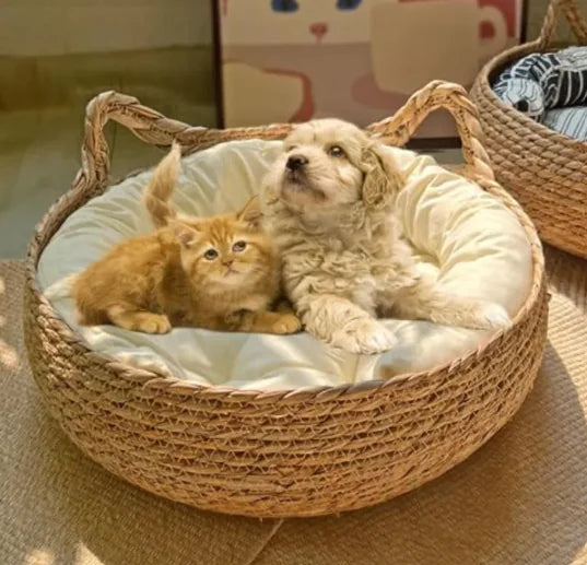 Cat Bed Pet Nest Manual Rattan Woven Cattailgrass Cat Scratch Board Removable