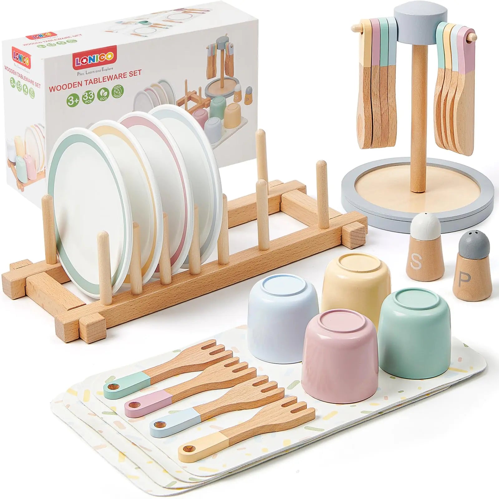 Lonico Wooden Play Kitchen Accessories Toys for Toddlers 3-5 Kids Play Kitchen with Realistic Plates & Dishes & Tableware Montessori Pretend Christmas Birthday Gifts for 3 4 5 6 Years Girls Boys