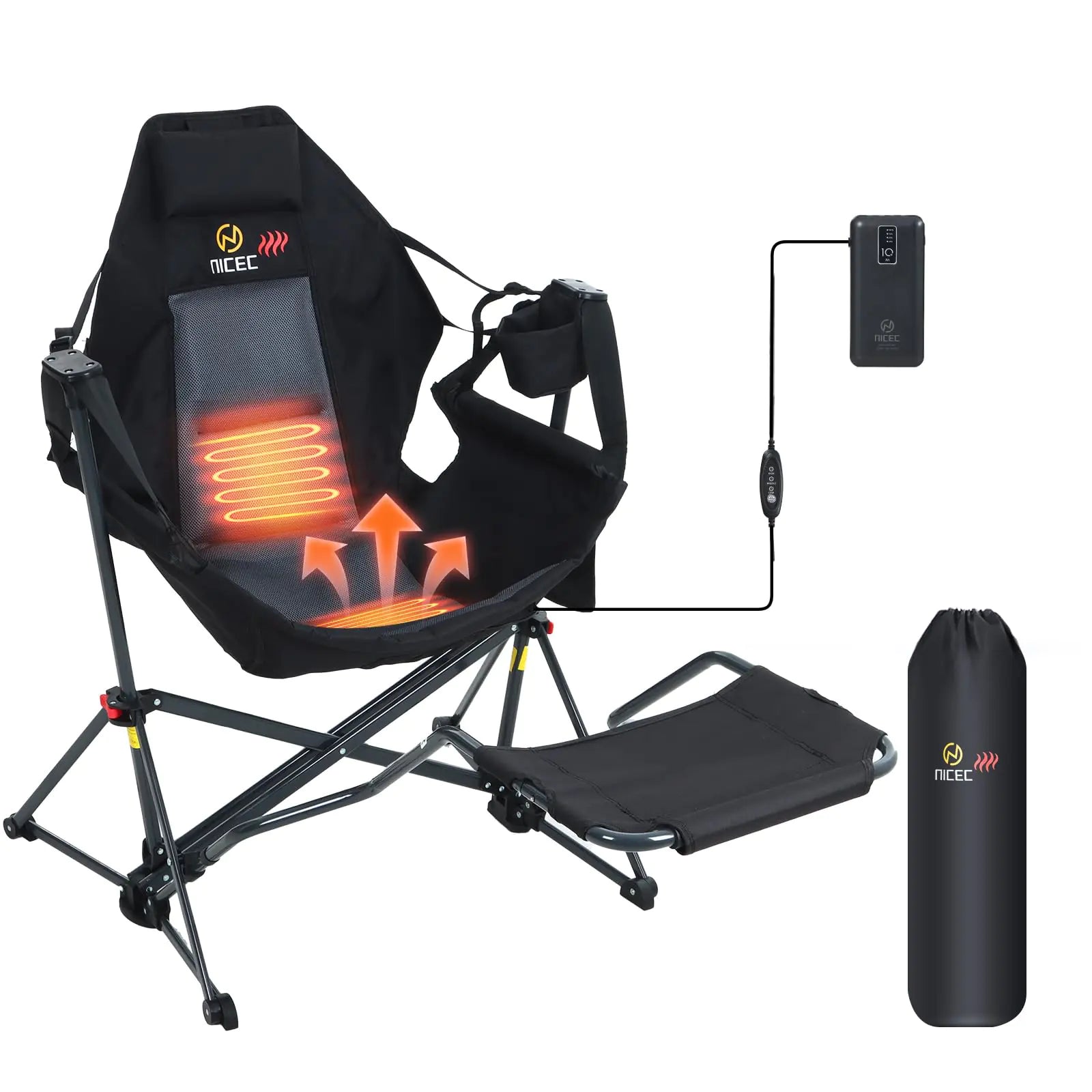 Nice C Hammock Camping Chair with Footrest Heated Camping Chair Hammock Camping Chair Camping Chair Rocker Swinging Chair High Back with Stand Cup Holder Side Pocket Power Bank Included (1-P)