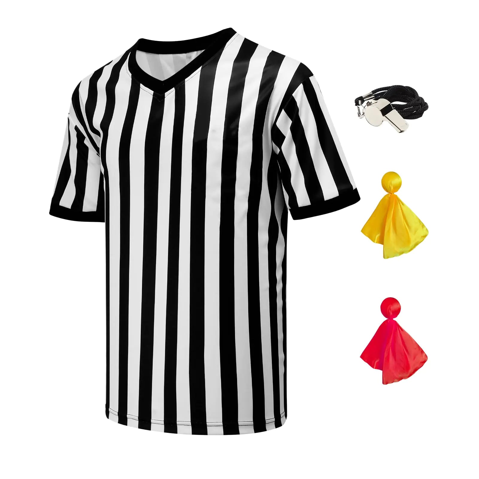 4Pcs Referee Shirt Men Ref Jersey V-Neck Black and White Stripe Uniform Kit For Basketball Football Soccer Halloween Costume Yellow And Red Penalty Flag and Stainless Steel Whistle M