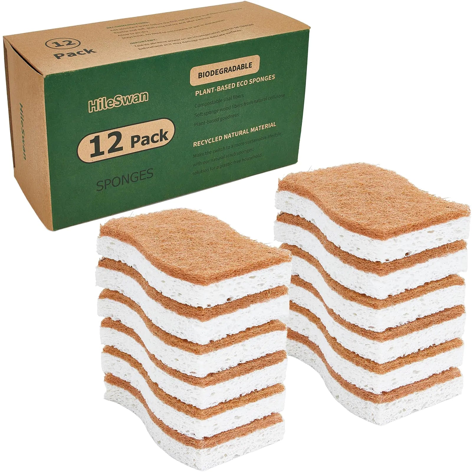 HileSwan Natural Kitchen Sponges 12 Pack Non-Scratch Scrubber Biodegradable Compostable Sisal Cellulose Dish Scrub Sponges Household Cleaning Sponges for Dishes