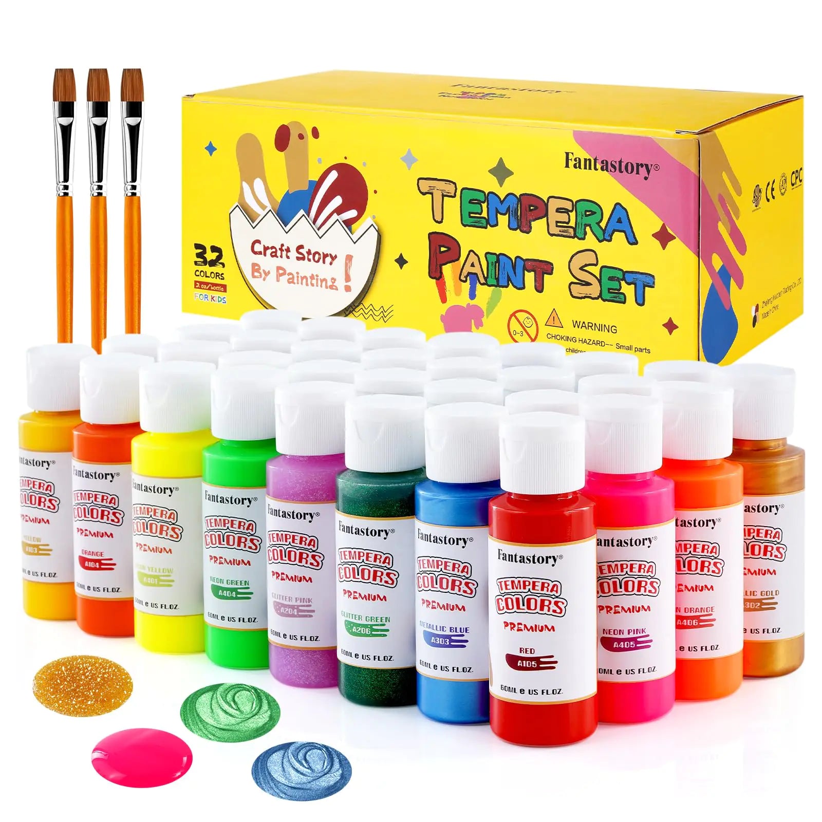 fantastory Tempera Paint for Kids 32 Colors (2 oz Each) Washable Tempera Paint Kids Poster Paint Sponge Painting Non-Toxic Kids Paint Finger Paints Hand Paints Bottles Early Learning