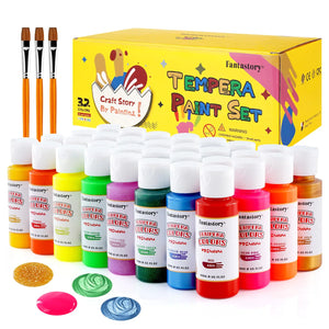 fantastory Tempera Paint for Kids 32 Colors (2 oz Each) Washable Tempera Paint Kids Poster Paint Sponge Painting Non-Toxic Kids Paint Finger Paints Hand Paints Bottles Early Learning