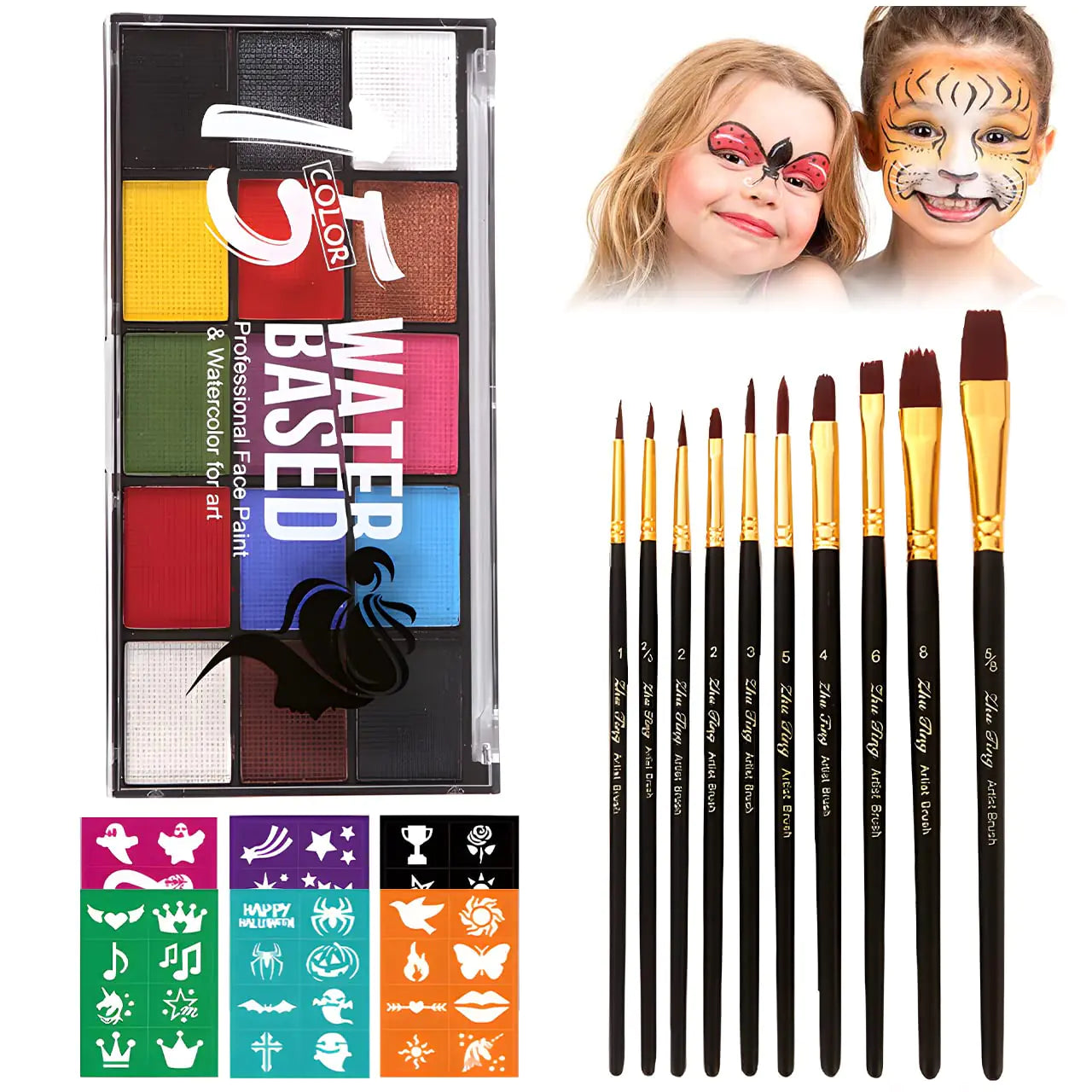 Face Painting Kit for Kids Adults Water Activated Body Face Paint 15 Colors Water Based Facepaints Makeup Palette 12 Pcs Brushes Stencils Non Toxic for Halloween Party Birthday Cosplay