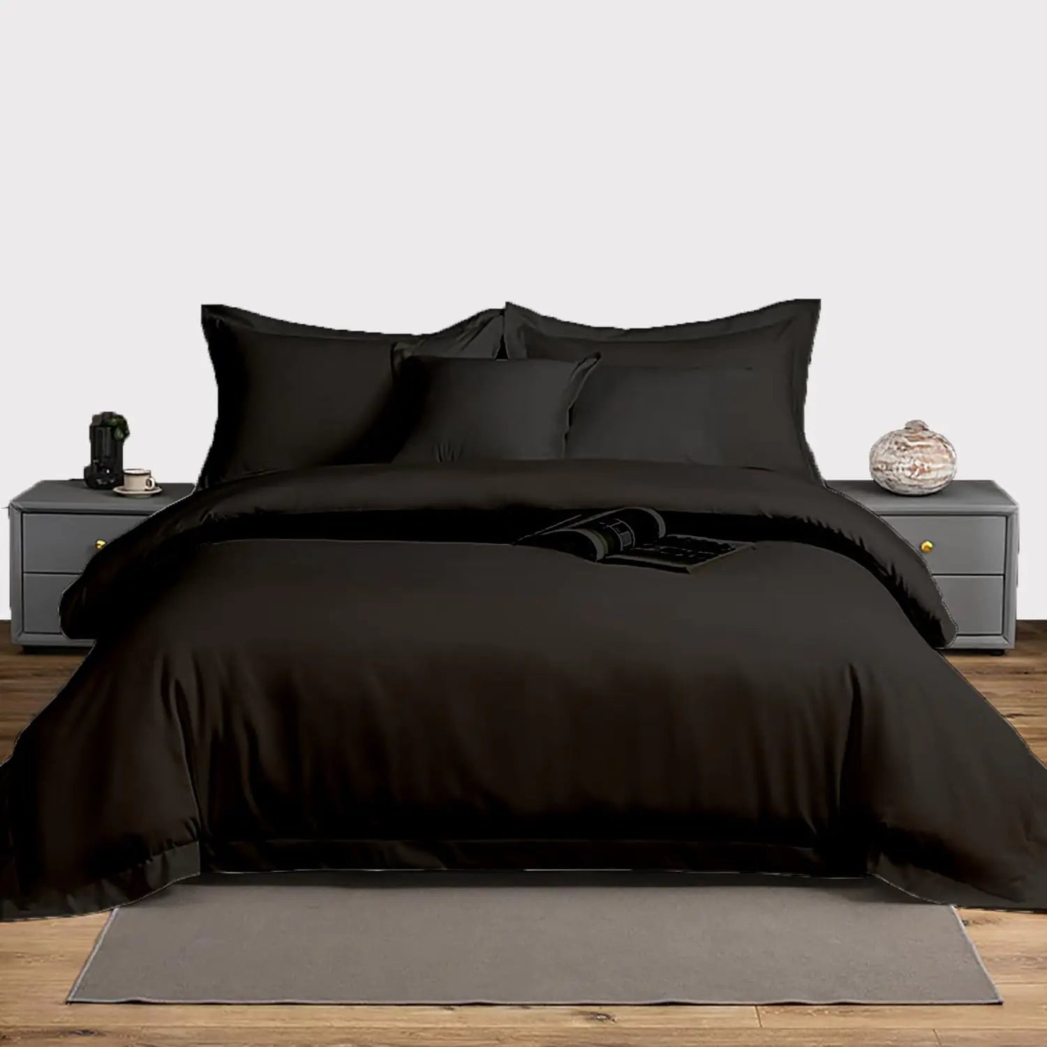 eBeddy Linens Black Solid Duvet Cover Set King XL 116x98 Size 800 TC Certified Egyptian Cotton Luxury Soft & Breathable Comforter Cover and 2 Pillow Sham with Zipper Closer & Corner Ties