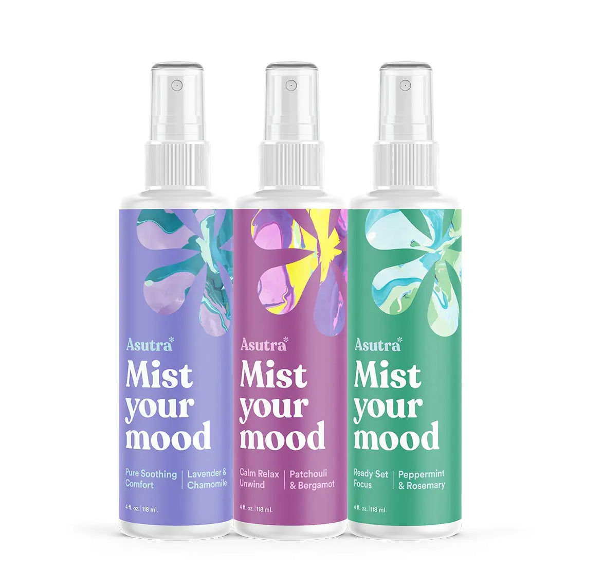 ASUTRA Multi-Use Essential Oil Aromatherapy Spray (3 Scent Variety Pack) 4 fl oz Each – Mist for Face Body Rooms & Linens – Car Fabric and Bathroom Freshener