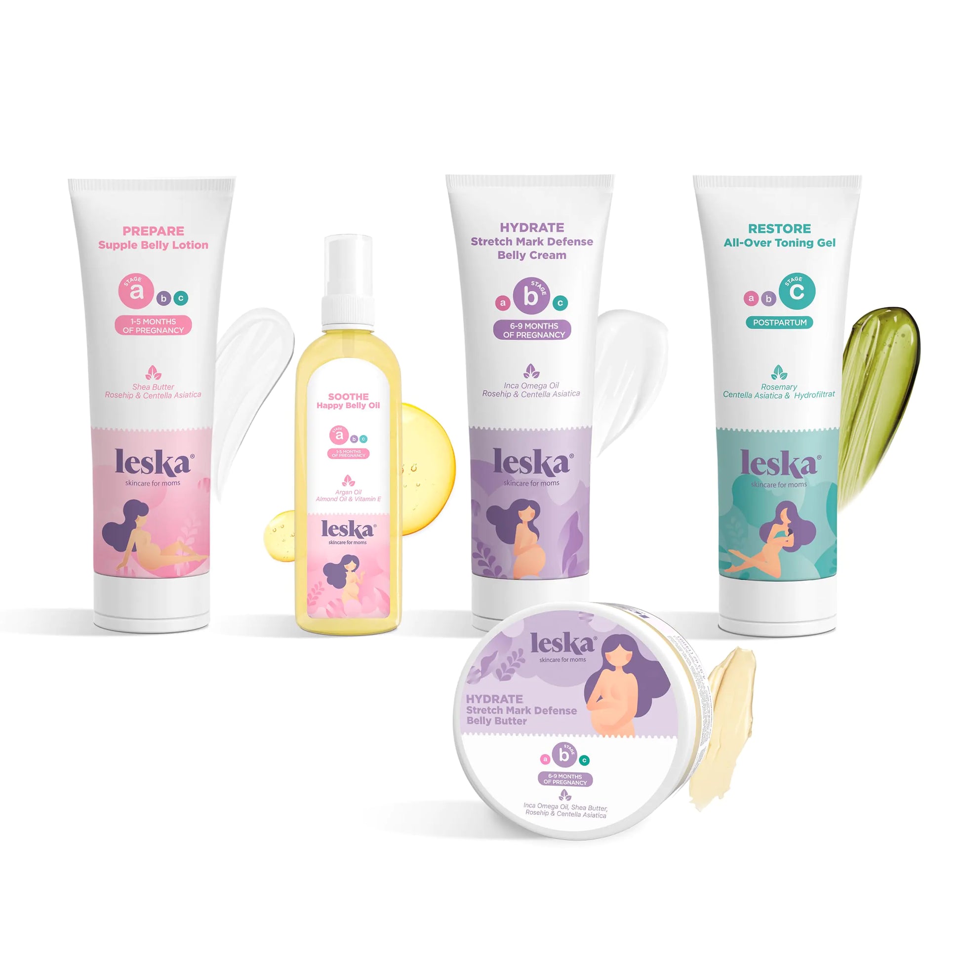 Leska Maternity Set | Belly Lotion Belly Oil Stretch Mark Defense Cream & Butter Toning Gel | Maternity Stages Skin Care for Pregnancy & Postpartum |New Mom Gifts (Set of 5 4-4.93oz each)