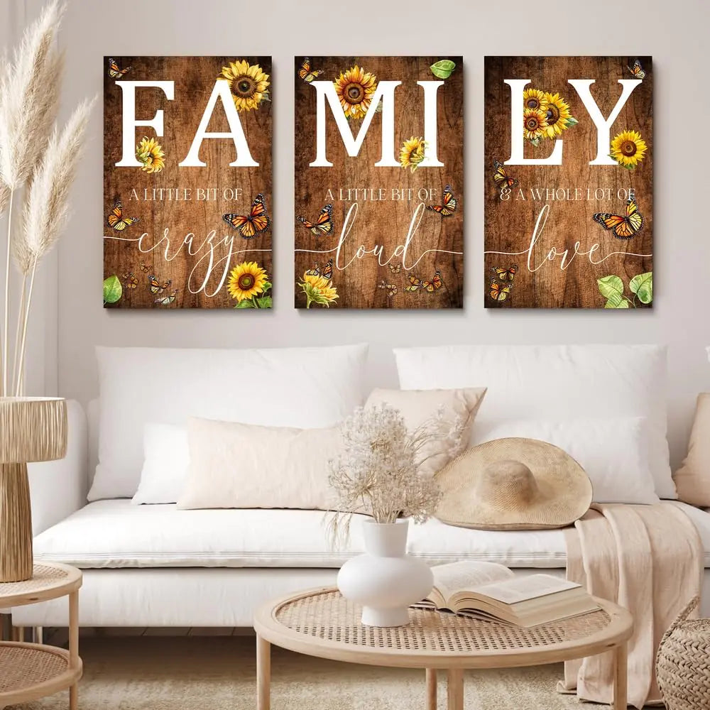 GUBIYU Farmhouse Family Wall Art Set of 3 Rustic Family Wall Decor for Living Room Dining Room Decor for Walls Retro Brown Wood Wall Art Butterfly Art Sunflower Decor Living Room Wall Decor 12"x16"