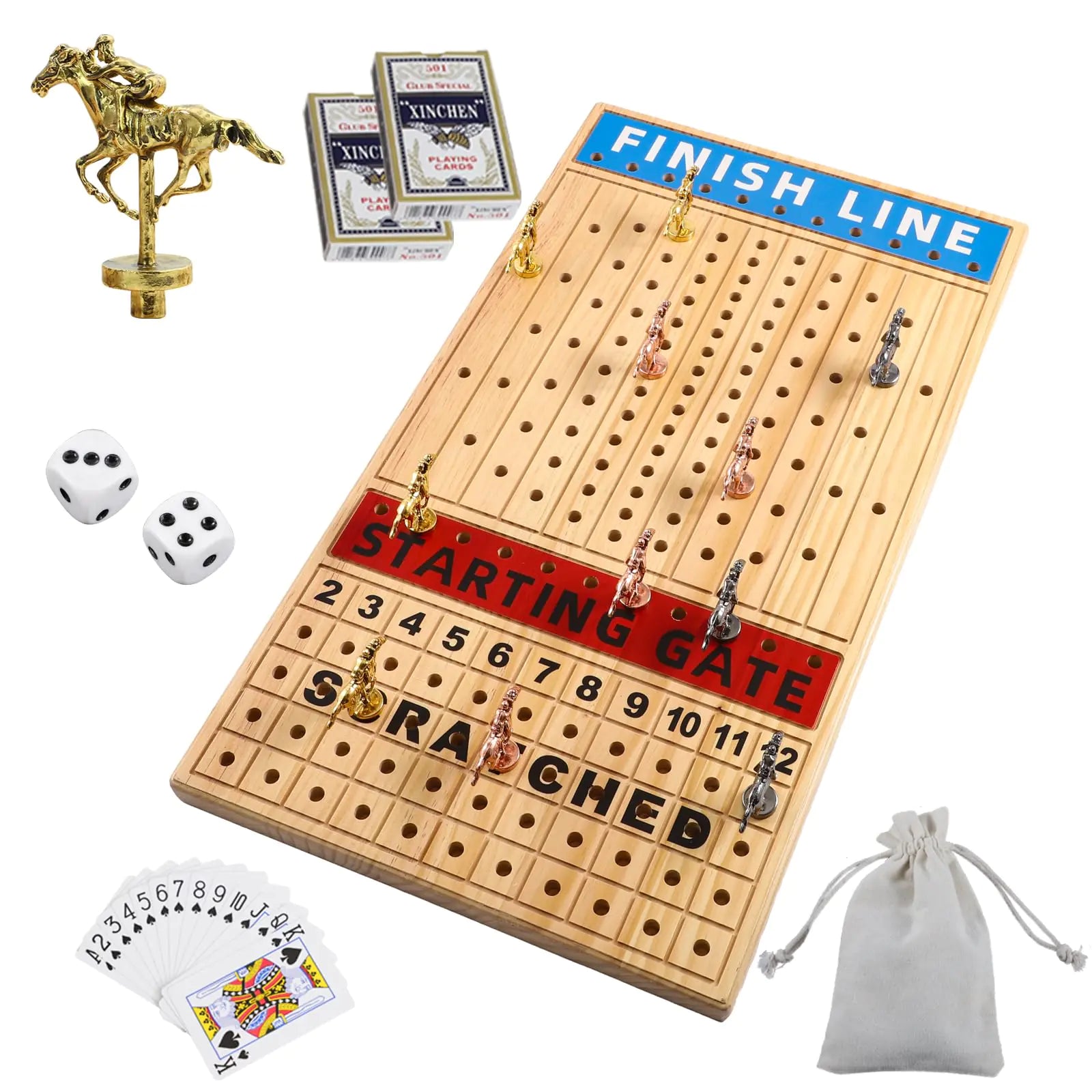 Large Horse Racing Board Game Comes with 11 Luxurious Metal Horses 2 Dice and 2 Boxes of Cards Solid Wood Horse Racing Board Color Box Packaging Finish Line Game Horse Racing Set (Log Color-Large)