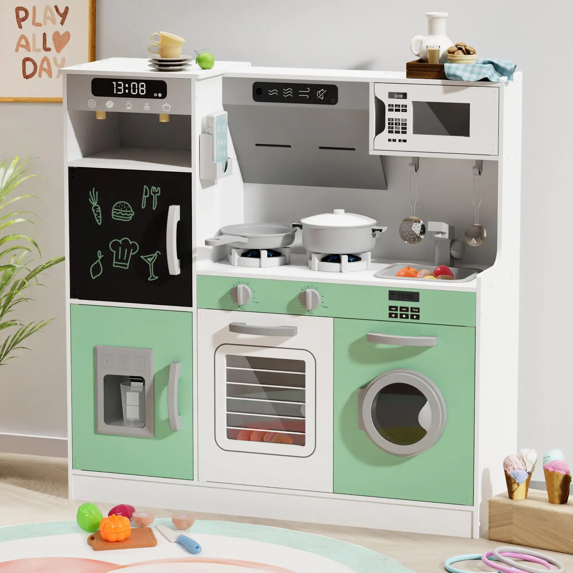 BIERUM Play Kitchen with Realistic Lights & Sounds Wooden Kitchen Playset with 28 Pcs Toy Food & Cookware Accessories Toy Kitchen with Plenty of Play Features Idea Gift for Boys and Girls Ages 3+