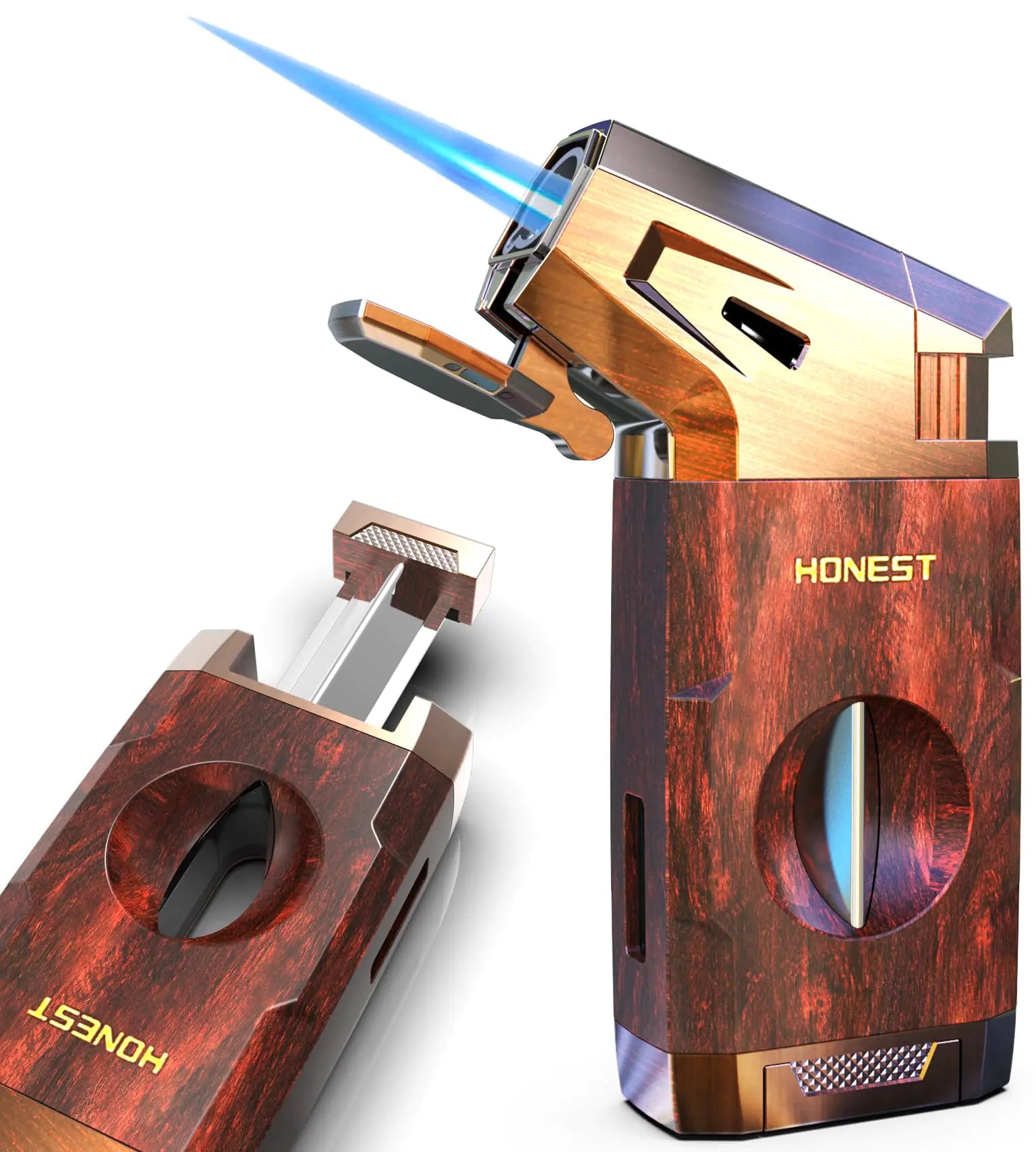 Butane Torch Lighter with V Cutter Windproof Jet Flame Lighter Torch Refill Adjustable Refillable Butane Lighter Gifts for Men with Fuel Window Butane not Include