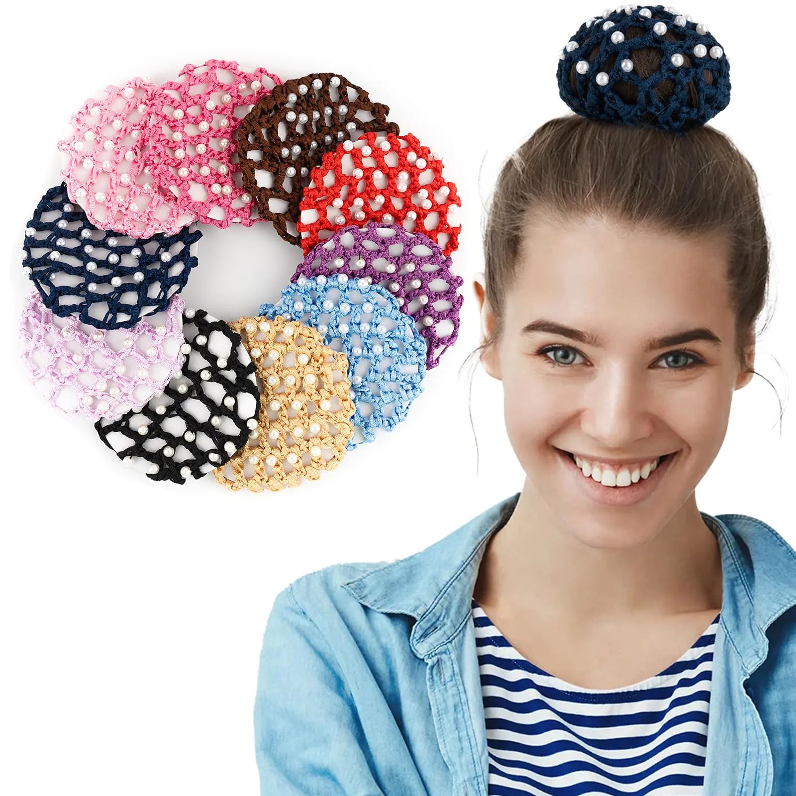 AUEAR Handmade Crochet Elastic Pearls Hair Snood for Women Girls 10 Pack for Ballet Dance Skating