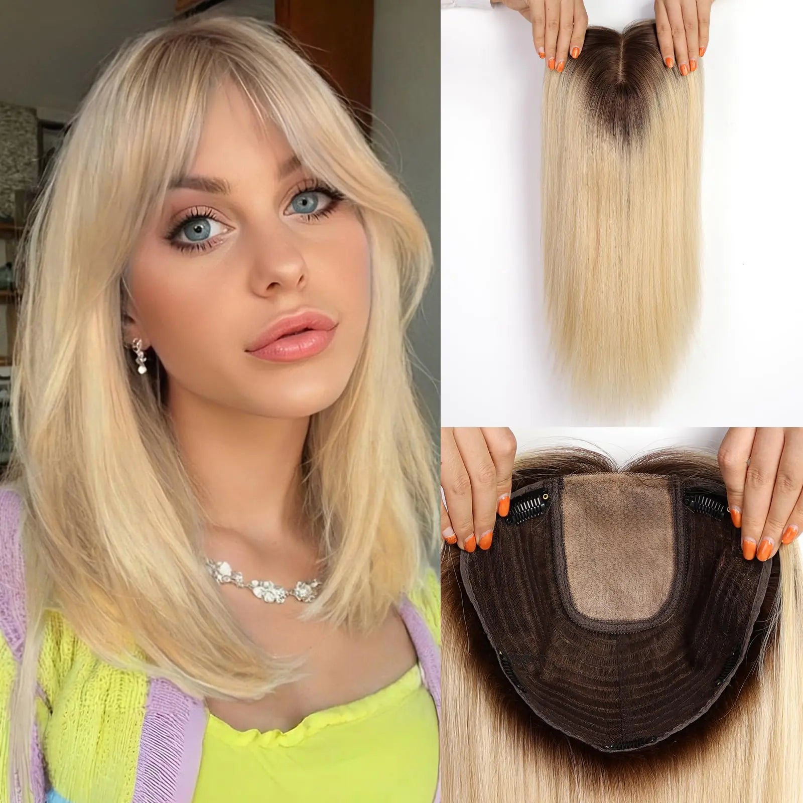 starluck 16 inch Hair Toppers for Women 9"*9" Large Base Ombre Light Blonde Real Human Hair Topper with Bangs Hair Toppers for Women with Thinning Hair Cover Grey Hair Roots Add Volume