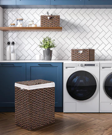 Seville Classics Premium Handwoven Portable Laundry Bin Basket with Carrying Handles Household Storage for Clothes Linens Sheets Black Rectangular (2-Pack)