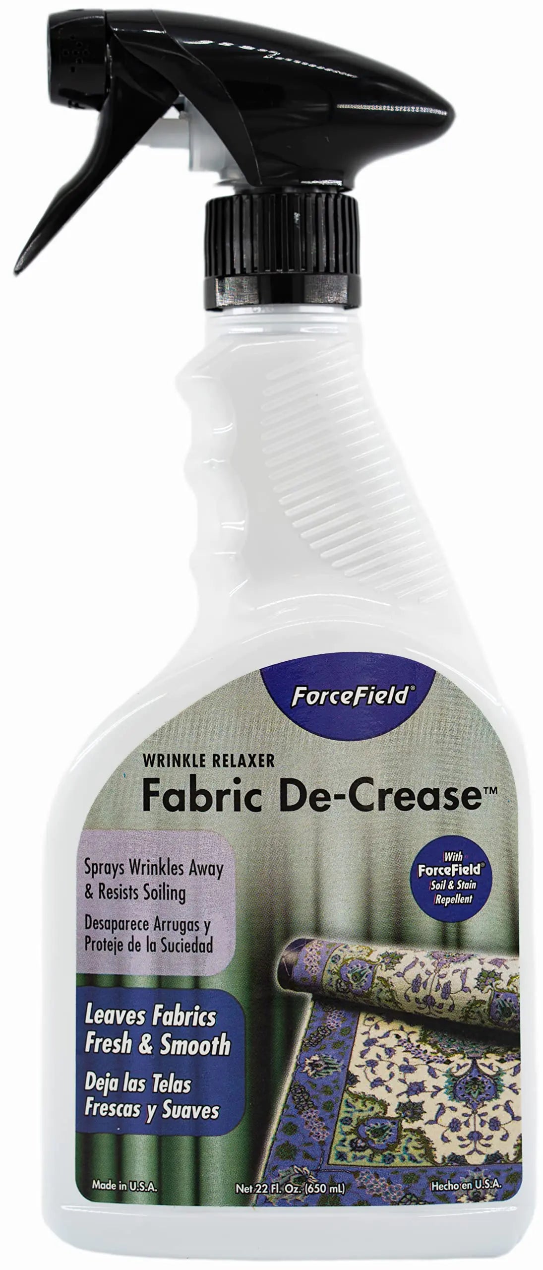 ForceField® Fabric De-Crease Anti Static Anti Soil & Anti Wrinkle Spray for Clothing Linens Drapery & More - 22oz