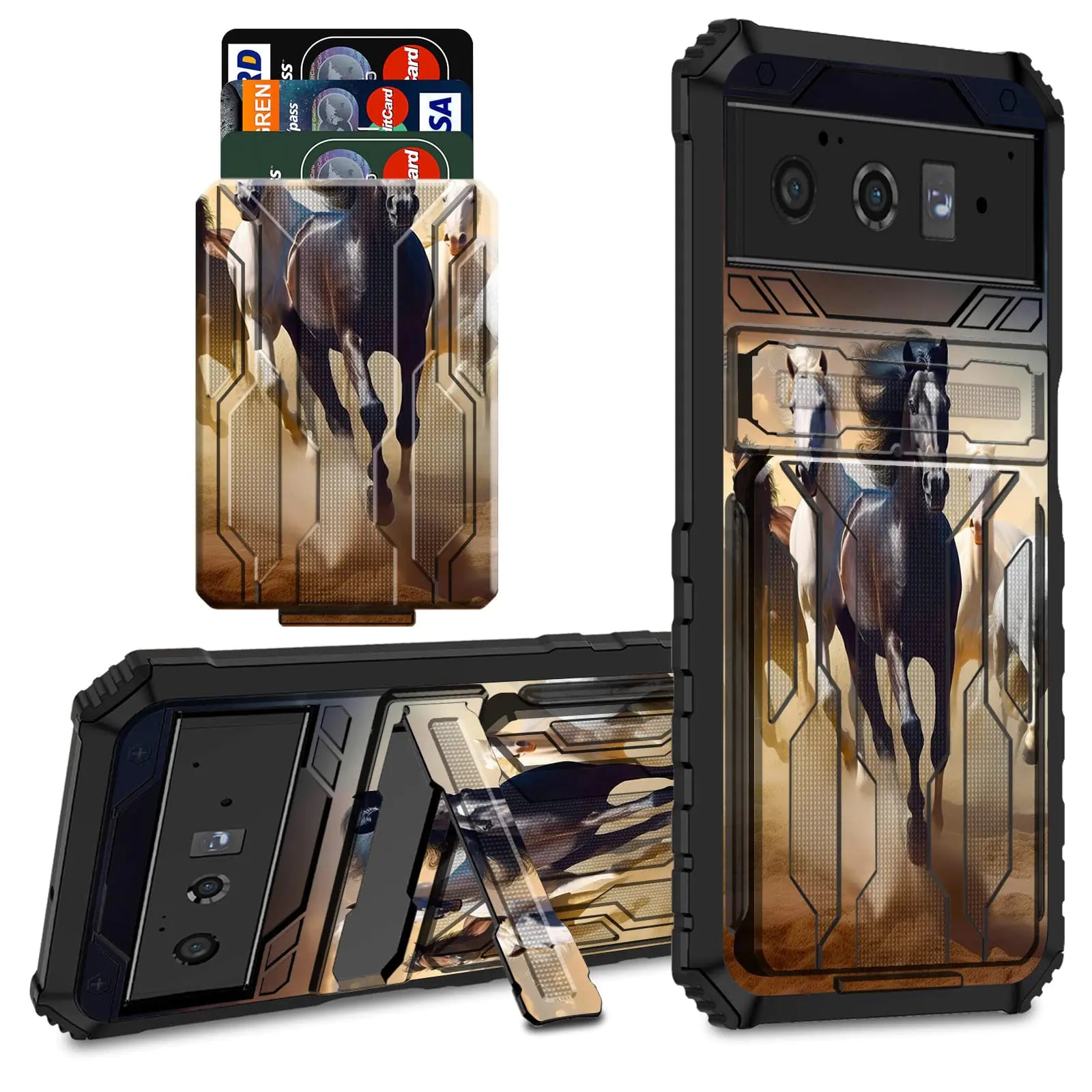 CGFGHHUY for Google Pixel 6 Pro Case for Pixel 6 Pro Wallet Case with Credit Card Holder & Kickstand Dual Layer Hard PC Soft TPU Protective Case for Google Pixel 6 Pro 6.7 inch 2021 - Running Horses