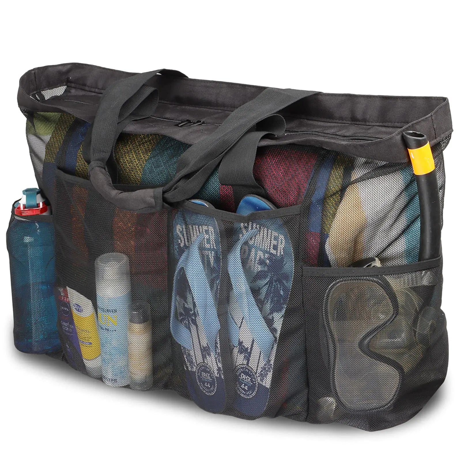 GOTDYA XL Mesh Totes and Beach Bags Extra Large Duffle With Zipper and Pockets Oversized for Towels Toys Ideal for Family Beach/Pool Trips Black
