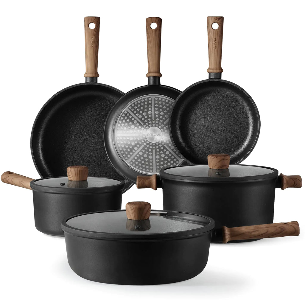 CAROTE 9pcs Pots and Pans Set Non Stick Nonstick Kitchen Cookware Sets Titanium Induction Cookware Sets with Stay-Cool Handle Black