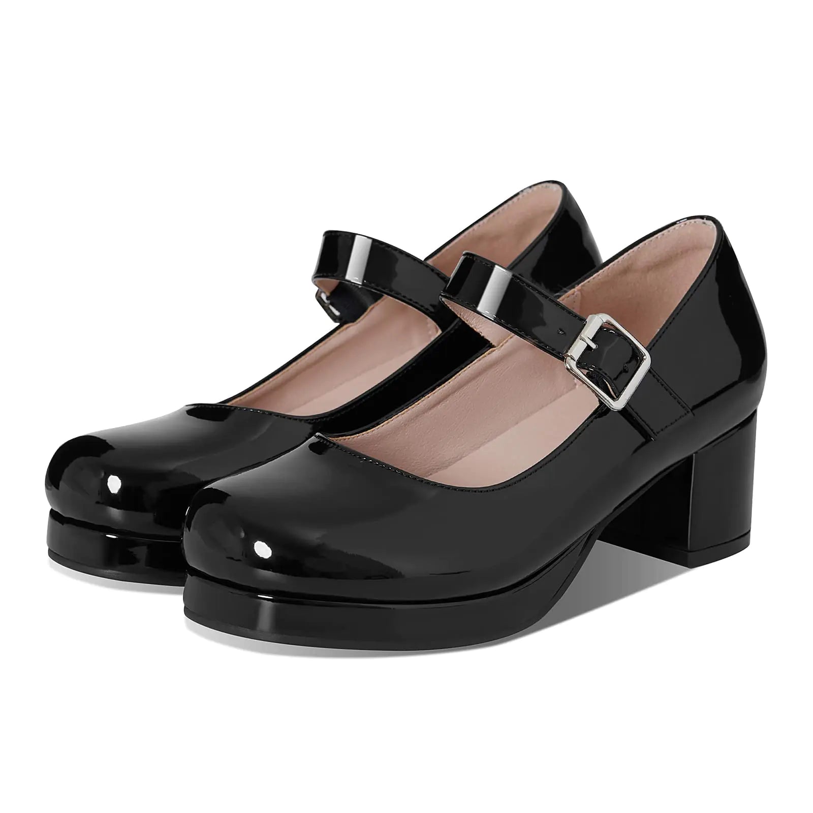 femflame Womens Low Chunky Heel Mary Jane Pumps Ankle Buckle Strap Sweet Round Toe Dress Shoes JK Cosplay Uniform Dress Shoes Black
