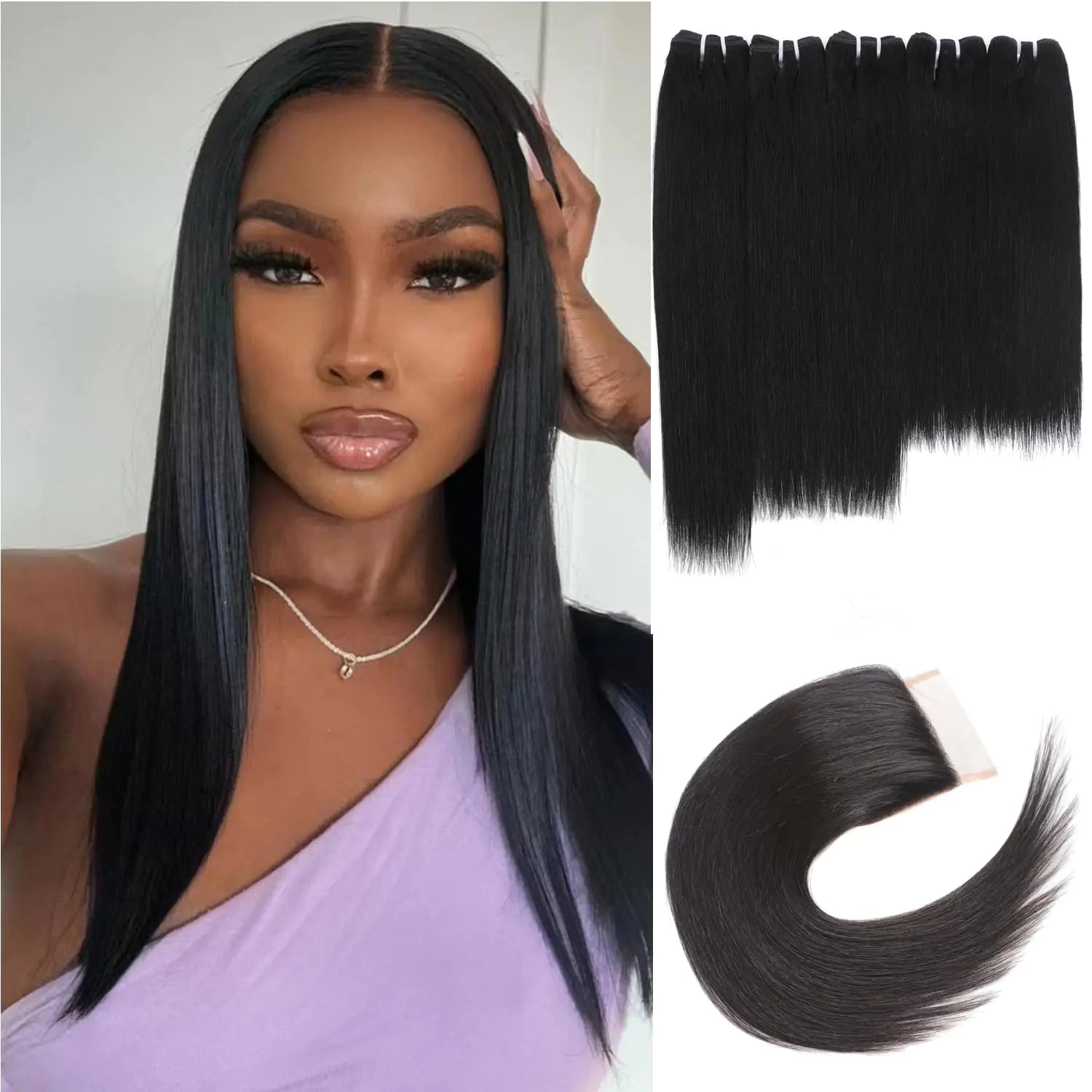 MeiQin Hair Bundles With Closure Human Hair Straight Bundles Human Hair 4 Bundles with Closure 10A Unprocessed Brazilian Virgin HairNatural Black Hair Extensions(12" 12" 14" 14" with 12" Closure)