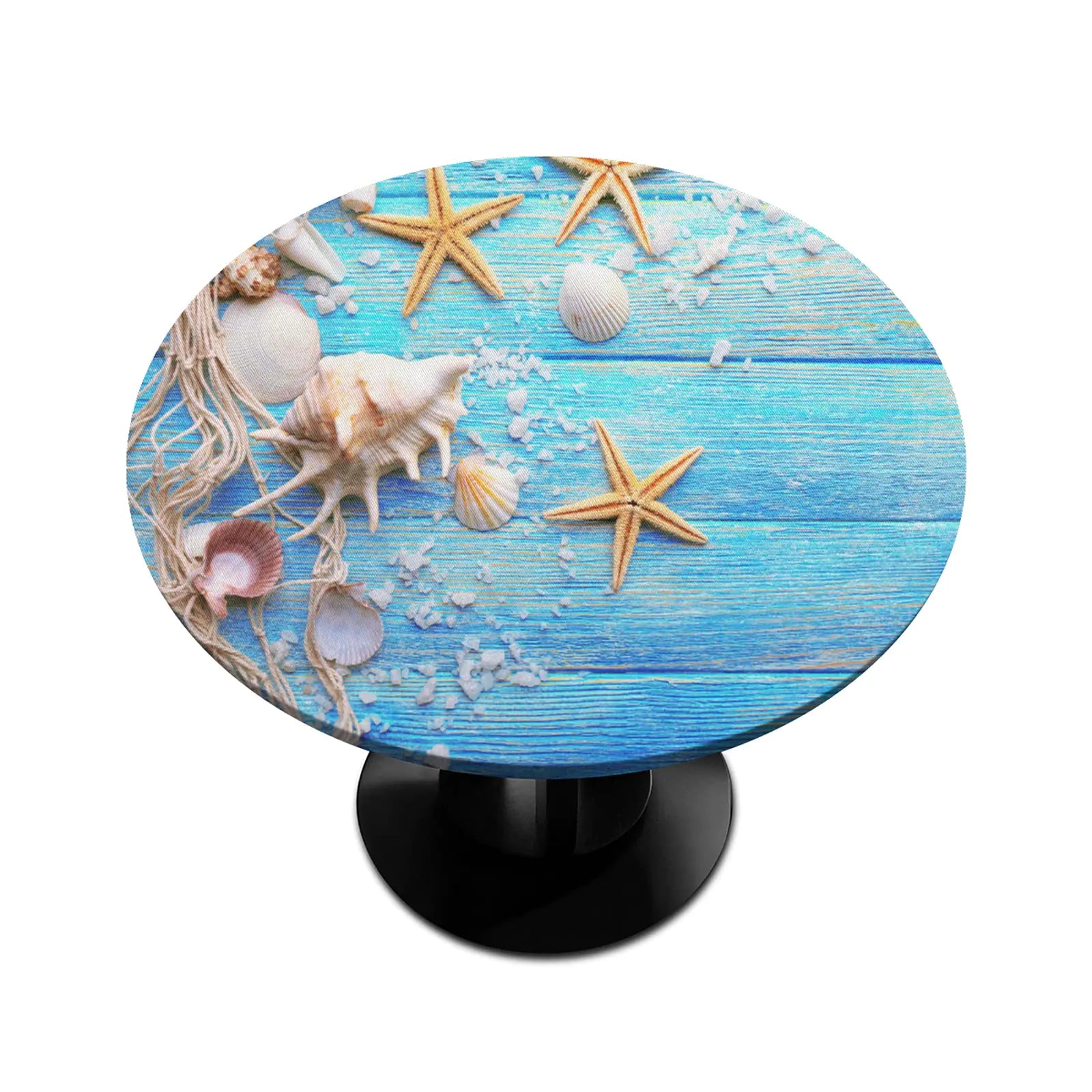 Elastic Edge Round Tablecloth Beach Starfish Fitted Table Cover Waterproof Wipeable Table Cloth for Parties Outdoor Dining Table Decor Table Pads Size 48"(Fit for 40"-44" Table)