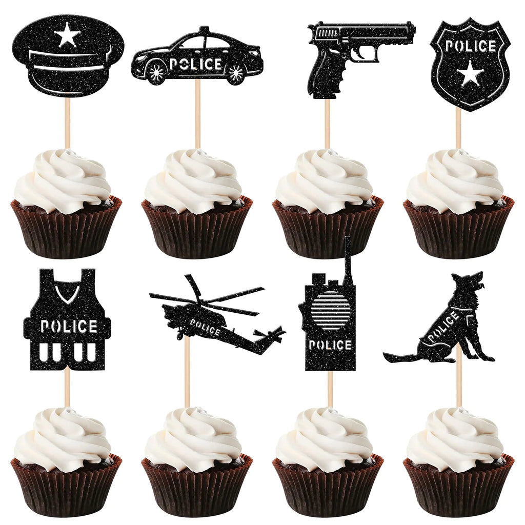 24 PCS Police Cupcake Toppers Glitter Policeman Police Officer Cupcake Picks Helicopter Car Dog Badge Uniform Gun Cake Decorations for Police Emblem Theme Birthday Retirement Party Supplies Black