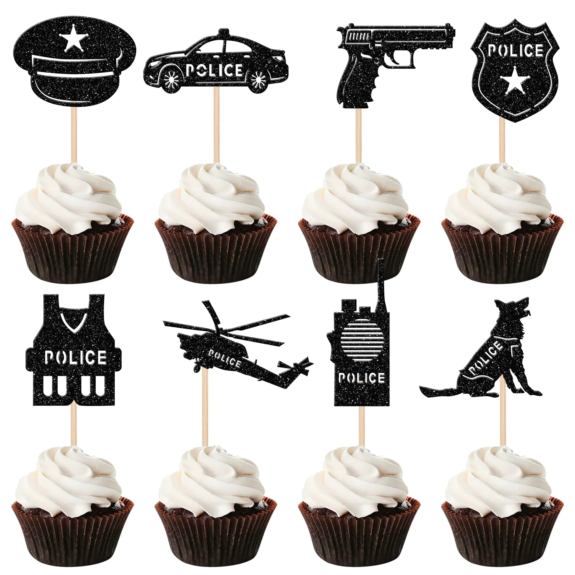 24 PCS Police Cupcake Toppers Glitter Policeman Police Officer Cupcake Picks Helicopter Car Dog Badge Uniform Gun Cake Decorations for Police Emblem Theme Birthday Retirement Party Supplies Black