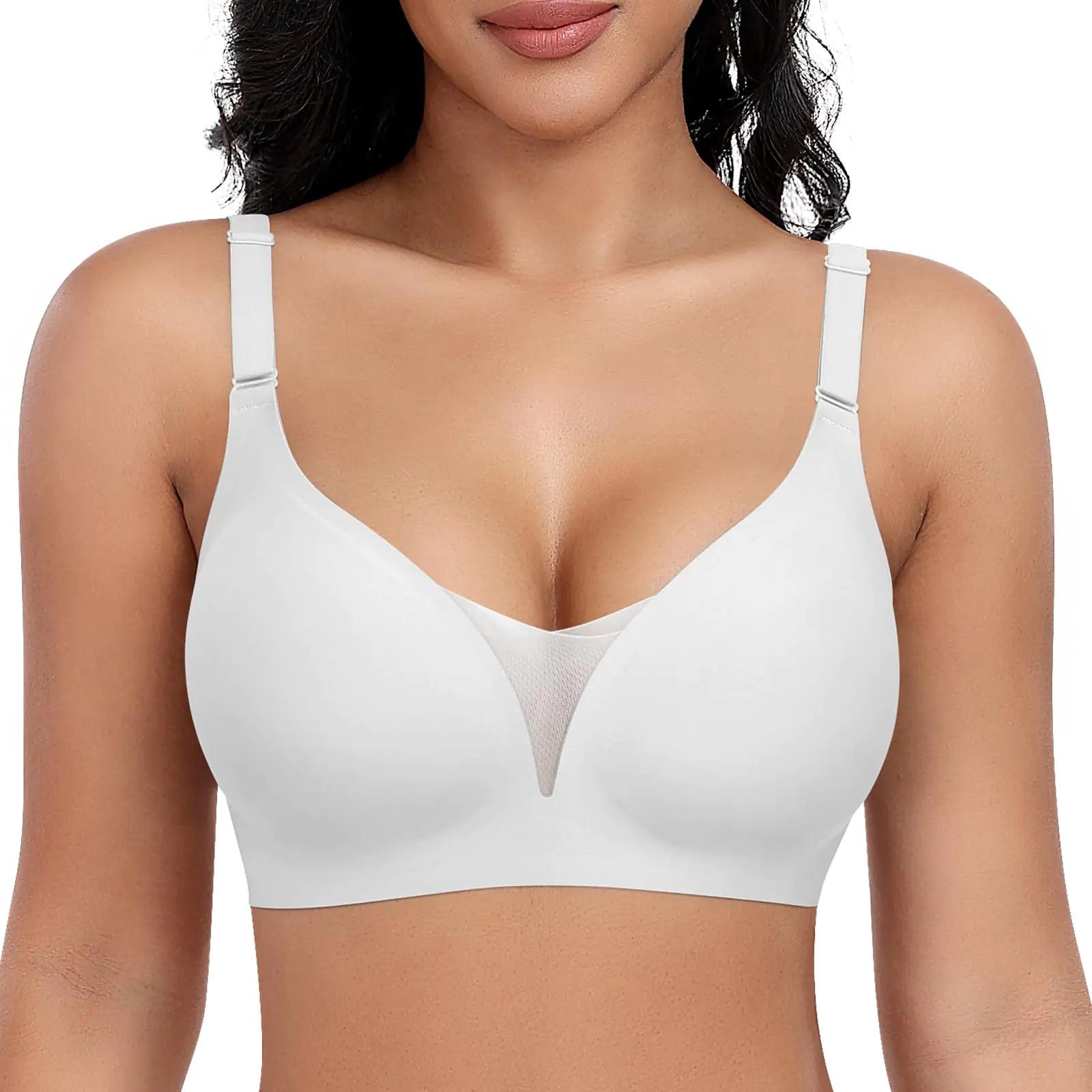 Bras for Women Mesh V Neck No Underwire Soft Wireless Bra Everyday with Lift Push Up Seamless Bralettes for Women with Bra Extender(WhiteMedium)