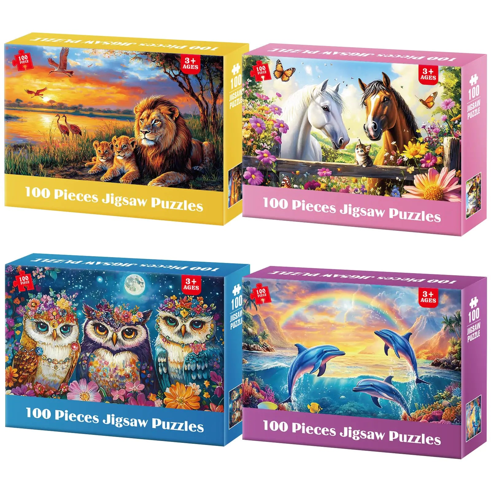 4-Pack Puzzles for Kids Ages 6-8 8-10 Year Old - Lions Horses Owls Dolphins Large Piece Puzzles for Seniors 100 Pieces Jigsaw Puzzles for Kids Ages 4-6 Learning Educational Toys for Boys and Girls