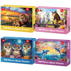 4-Pack Puzzles for Kids Ages 6-8 8-10 Year Old - Lions Horses Owls Dolphins Large Piece Puzzles for Seniors 100 Pieces Jigsaw Puzzles for Kids Ages 4-6 Learning Educational Toys for Boys and Girls