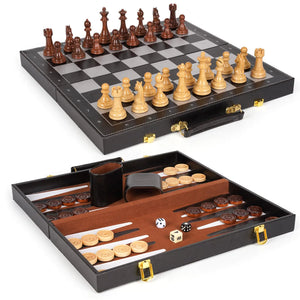 Chess Checkers Backgammon Set 3-in-1 Board Games Sets for Kids & Adults，15" Folding Magnetic Chess Set Leather Chess Board Strategy Game Portable Travel Chess Game with Magnetic Chess Pieces