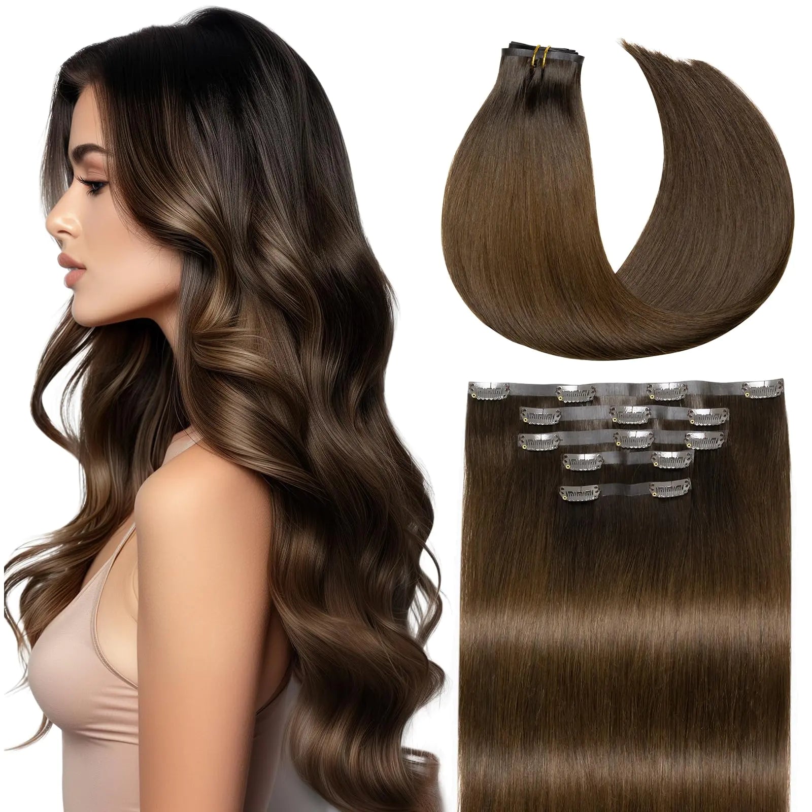 HEHUA Seamless Clip in Hair Extensions Human Hair 100g 14 inch 5pcs Human Hair Clip in Extensions Balayage Natural Black to Chocolate Brown Real Human Hair Invisible Clip Ins for Women Remy Hair