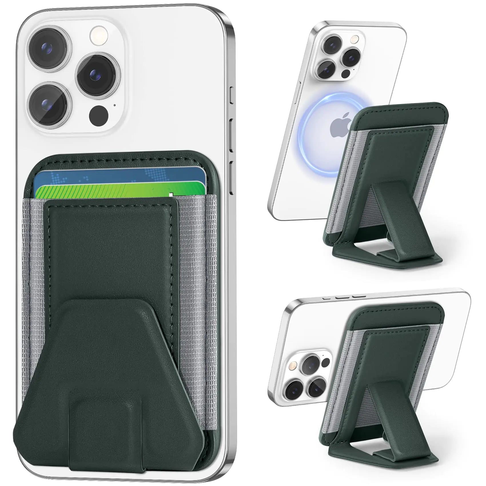 ExtreLife Magnetic Wallet Card Holder Compatible with MagSafe Wallet Stand for iPhone 16/15/14/13/12 Series Leather Magnetic Phone Wallet with Adjustable Stand Minimalist EDC Fit 7 Cards Green