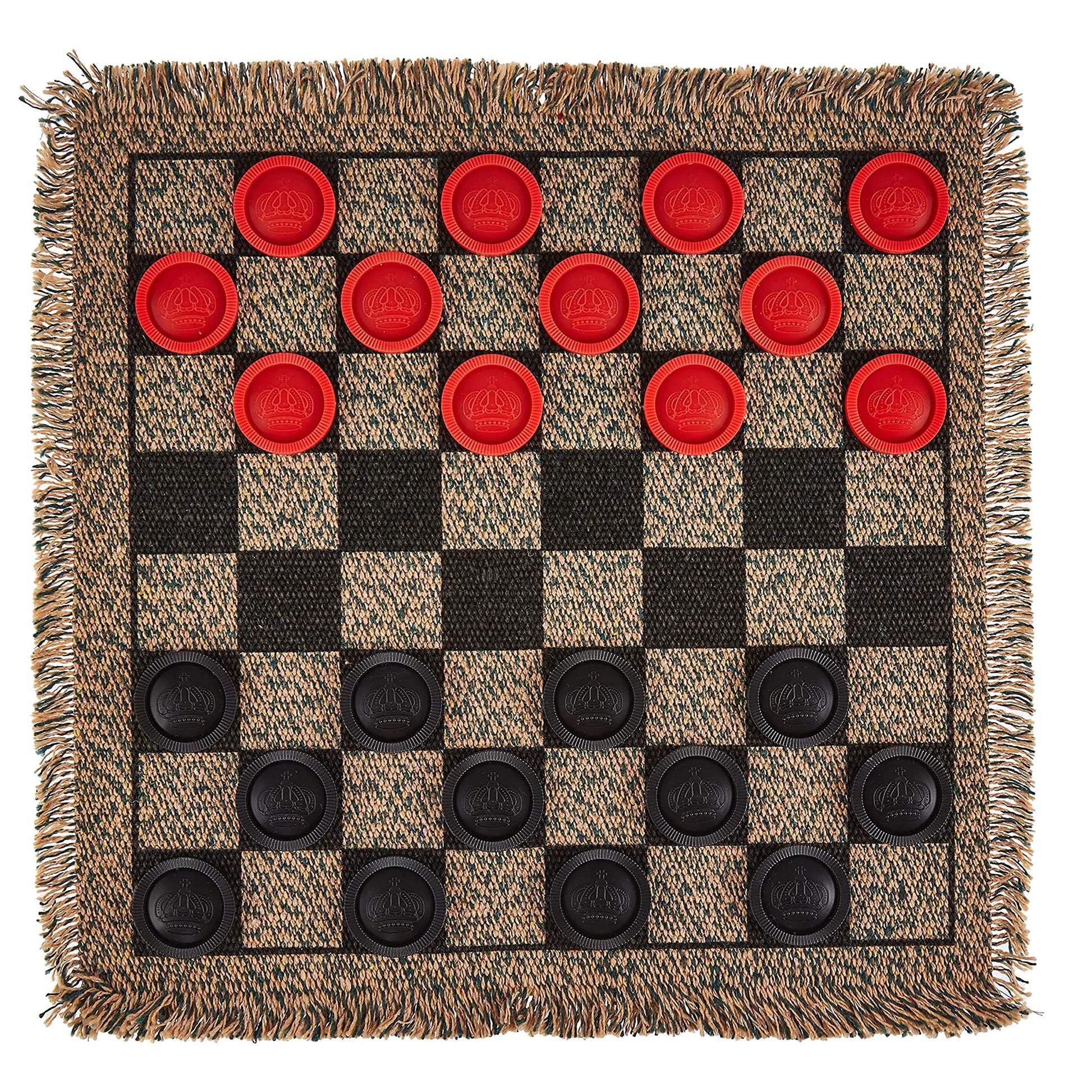 3-in-1 Mini Checkers Rug + Classic & Mega Tic Tac Toe - Portable Compact 12" x 12" Reversible Checkerboard Rug - Travel Parties Games on The Go Family Board Game Night